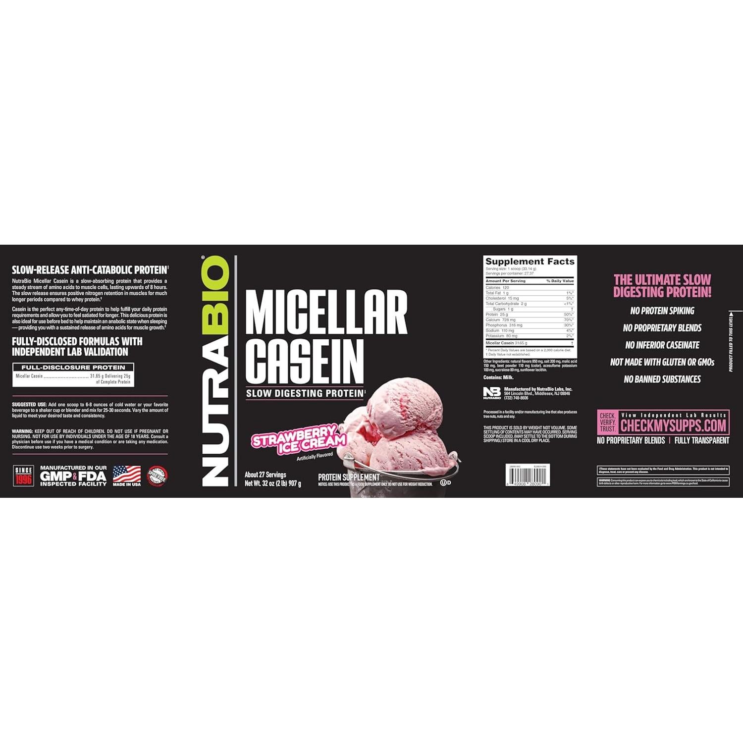 Proteína de Caseína Micelar NutraBio 0.91kg Helado de Fresa