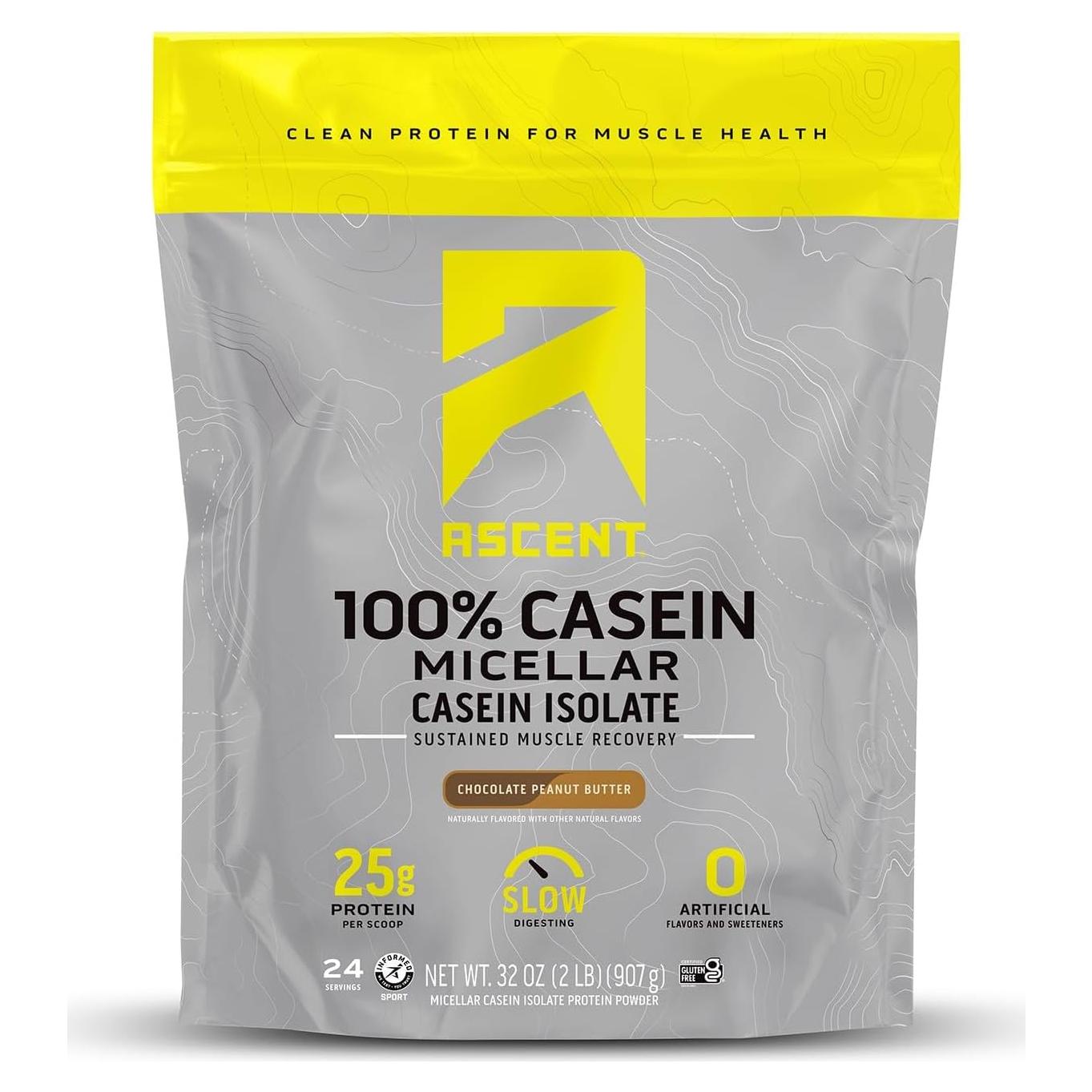 Polvo de Proteína Caseína Ascent 0.91kg Mantequilla Cacahuate