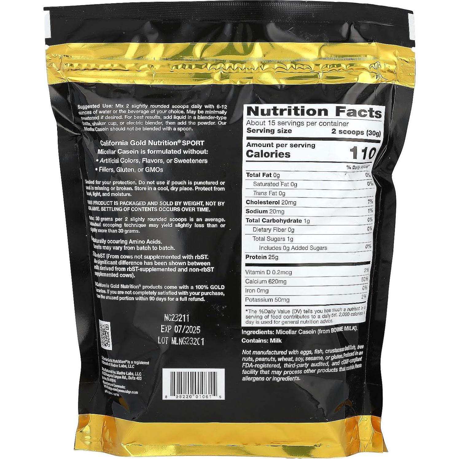 Caseína Micelar Sin Sabor California Gold Nutrition 454 g