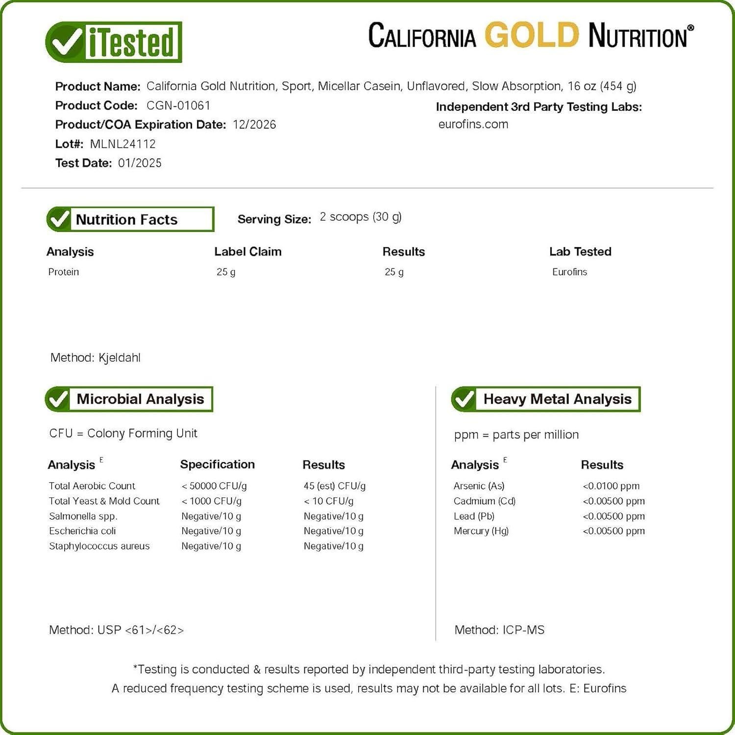 Caseína Micelar Sin Sabor California Gold Nutrition 454 g