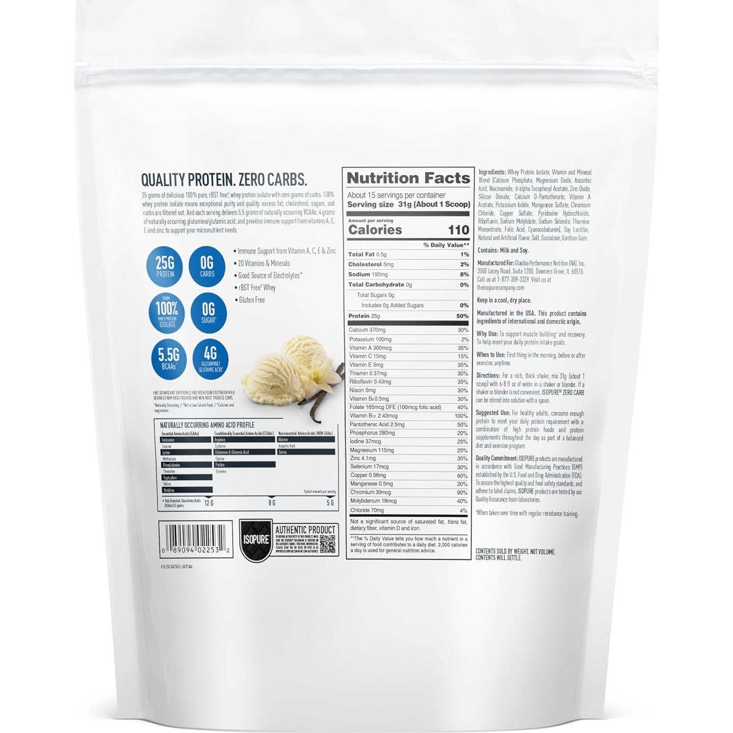 Isopure 100% Proteína Aislada de Suero Vainilla 0g Azúcar 450g