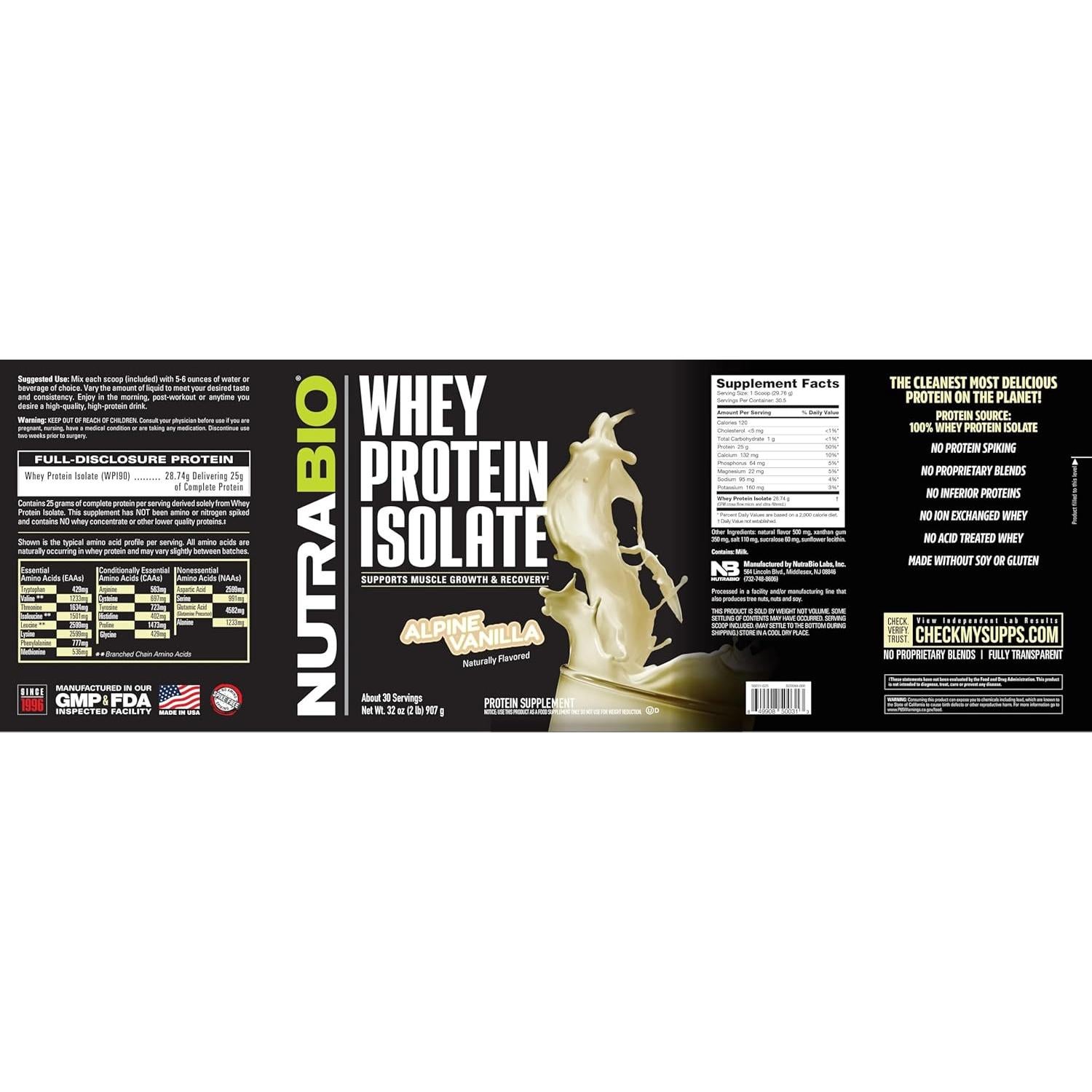 Proteína de Suero Aislada NutraBio Vainilla 0.91 kg