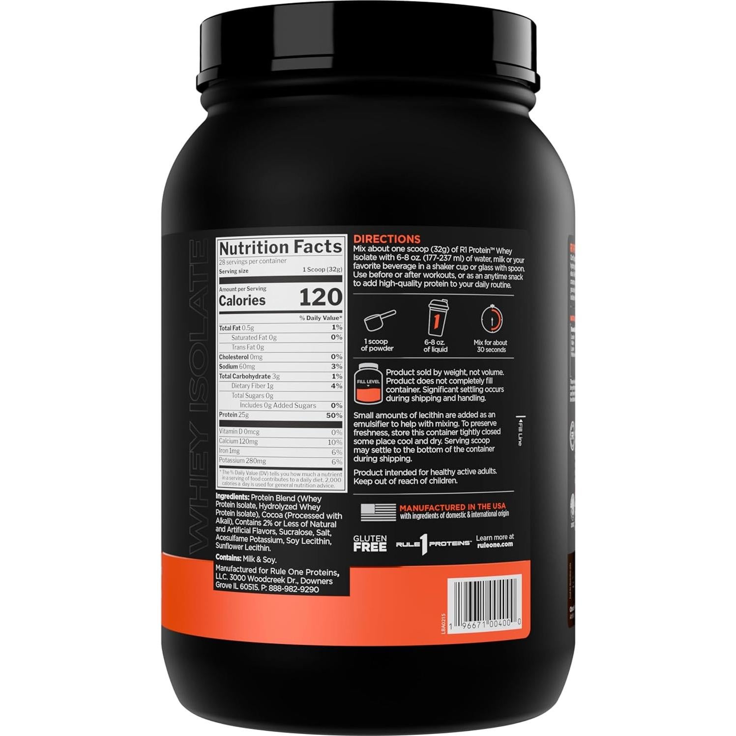Proteína de Suero Aislada R1 - 25g Proteína y 6g BCAA - 0.91kg Chocolate Fudge