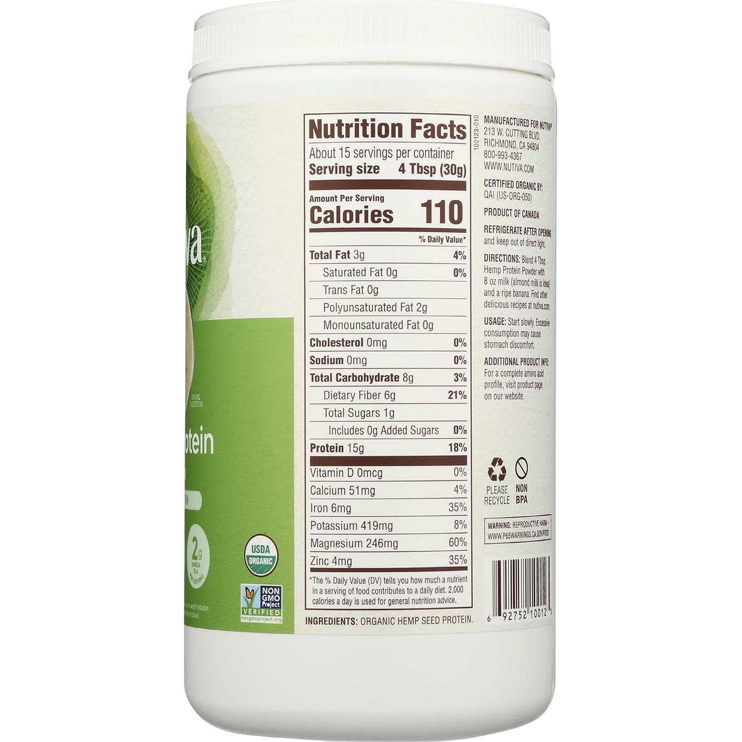 Proteína en Polvo de Semilla de Cáñamo Nutiva 454g Orgánica