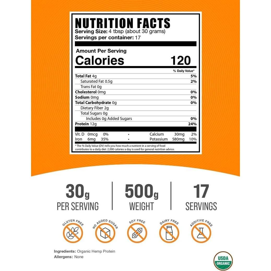 Polvo de Proteína de Cáñamo Orgánico BulkSupplements 500g