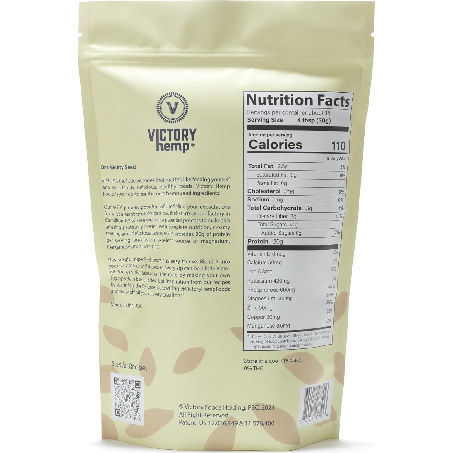 Proteína de Cáñamo V-70 Victory Hemp 20g por porción