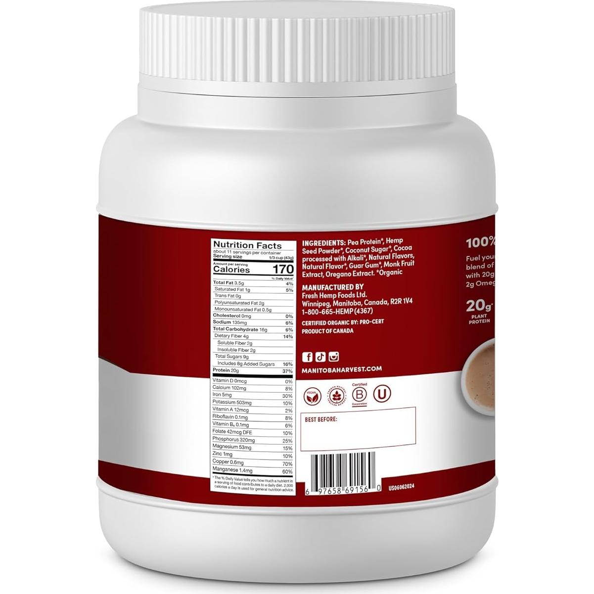 Proteína en Polvo Orgánica Manitoba Harvest 454g Chocolate