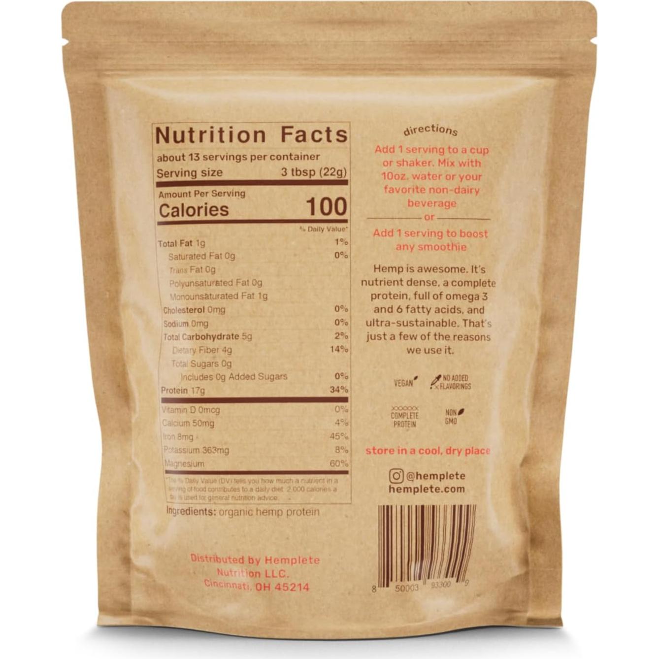 Proteína Vegana en Polvo Hemplete 283.5g Sin Sabor