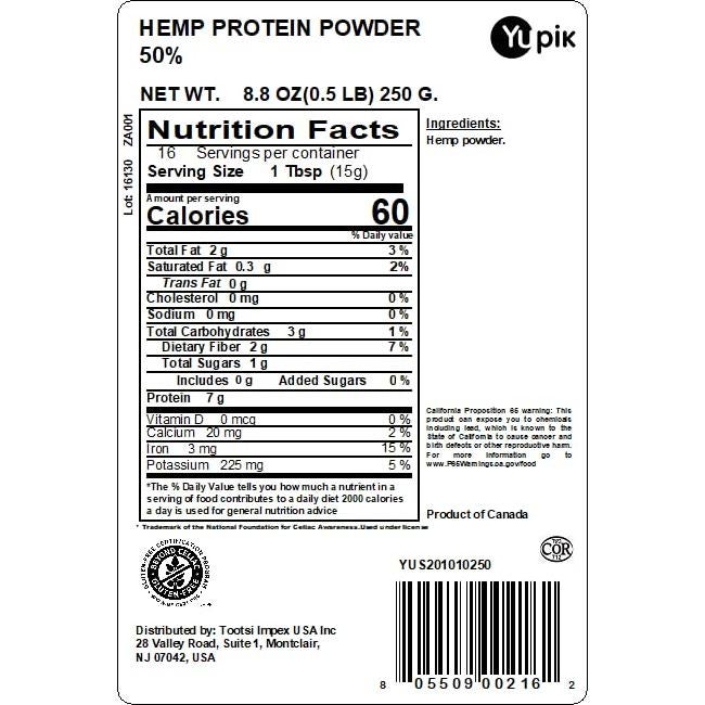 Polvo de Proteína de Cáñamo Yupik 50% 248 Gramos