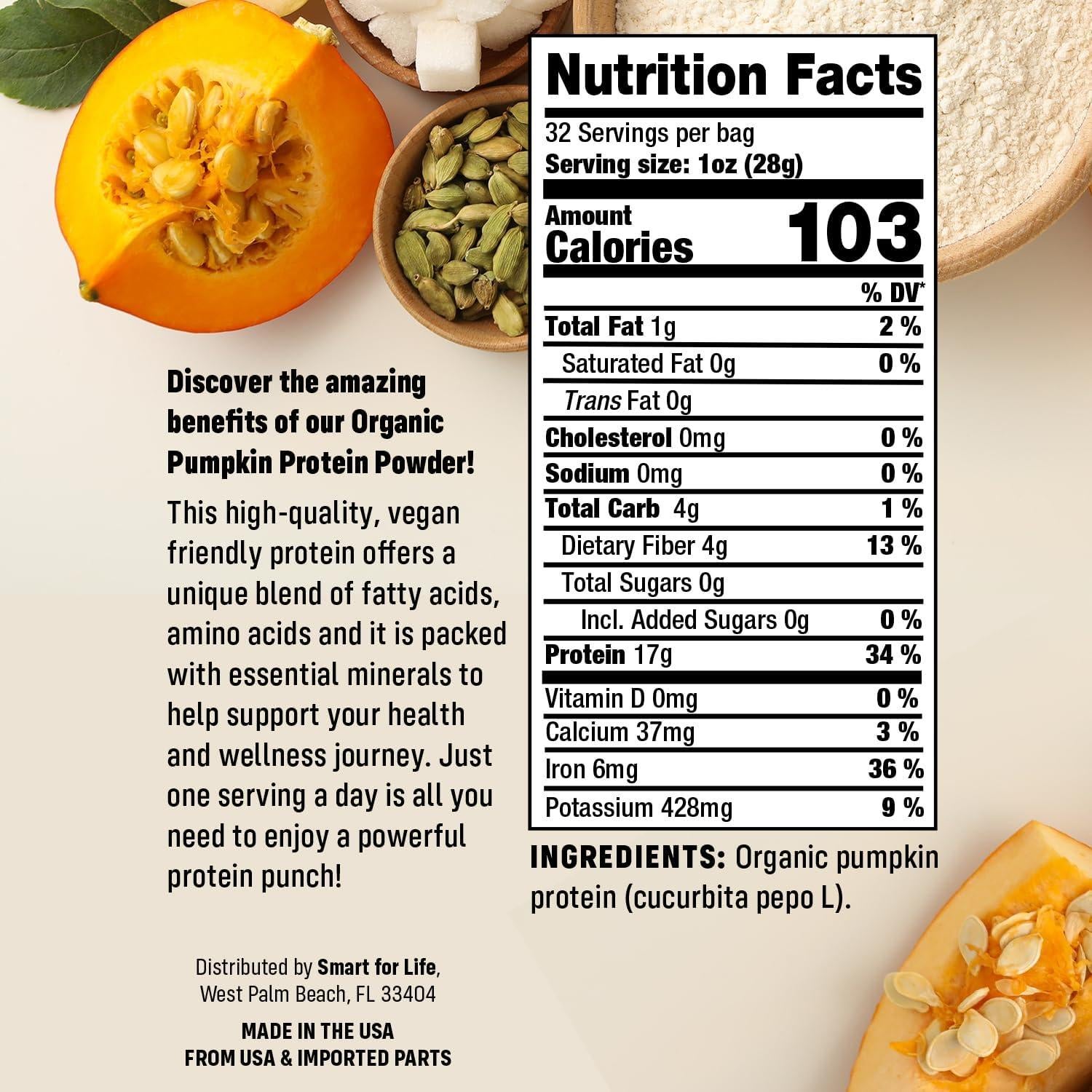 Polvo de Proteína de Calabaza Orgánico Smart for Life 0.91 kg - Vegano