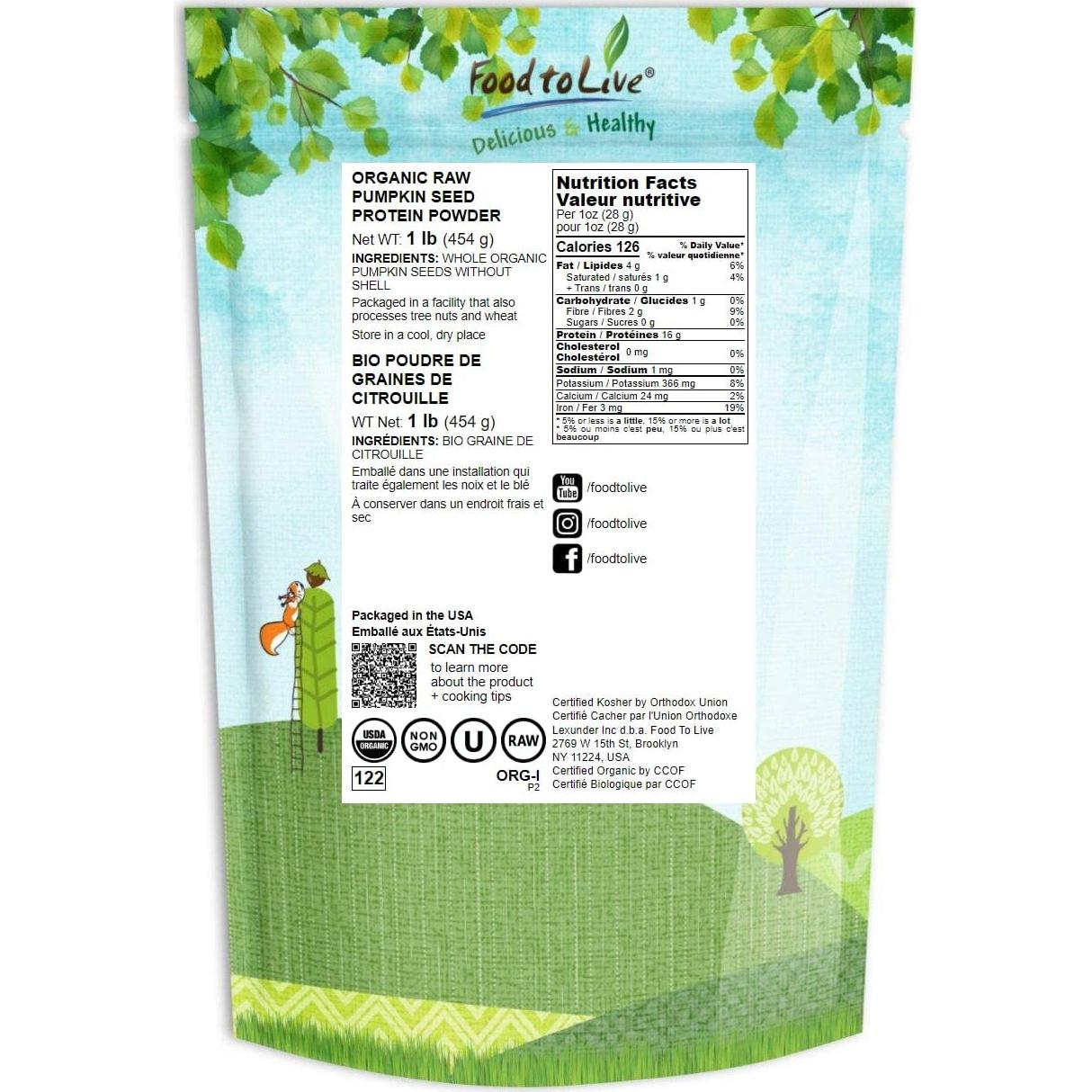 Polvo de Proteína de Semillas de Calabaza Orgánicas Food to Live 450g