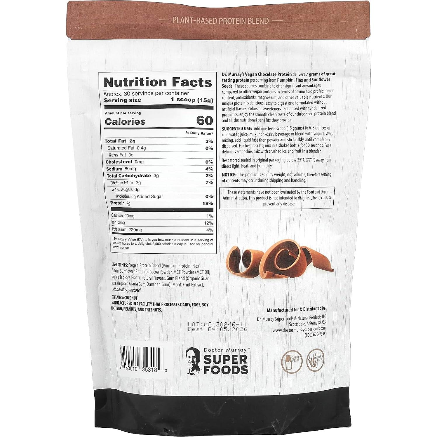Proteína Vegana en Polvo Dr. Murray 3 Semillas Chocolate 453 g