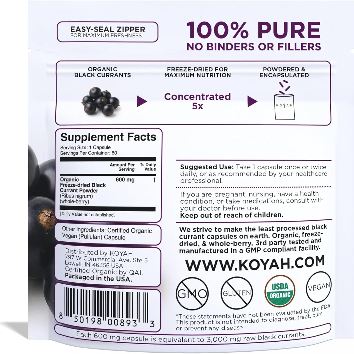 Cápsulas de Grosella Negra Orgánica KOYAH 600 mg Veganas 60 Uds