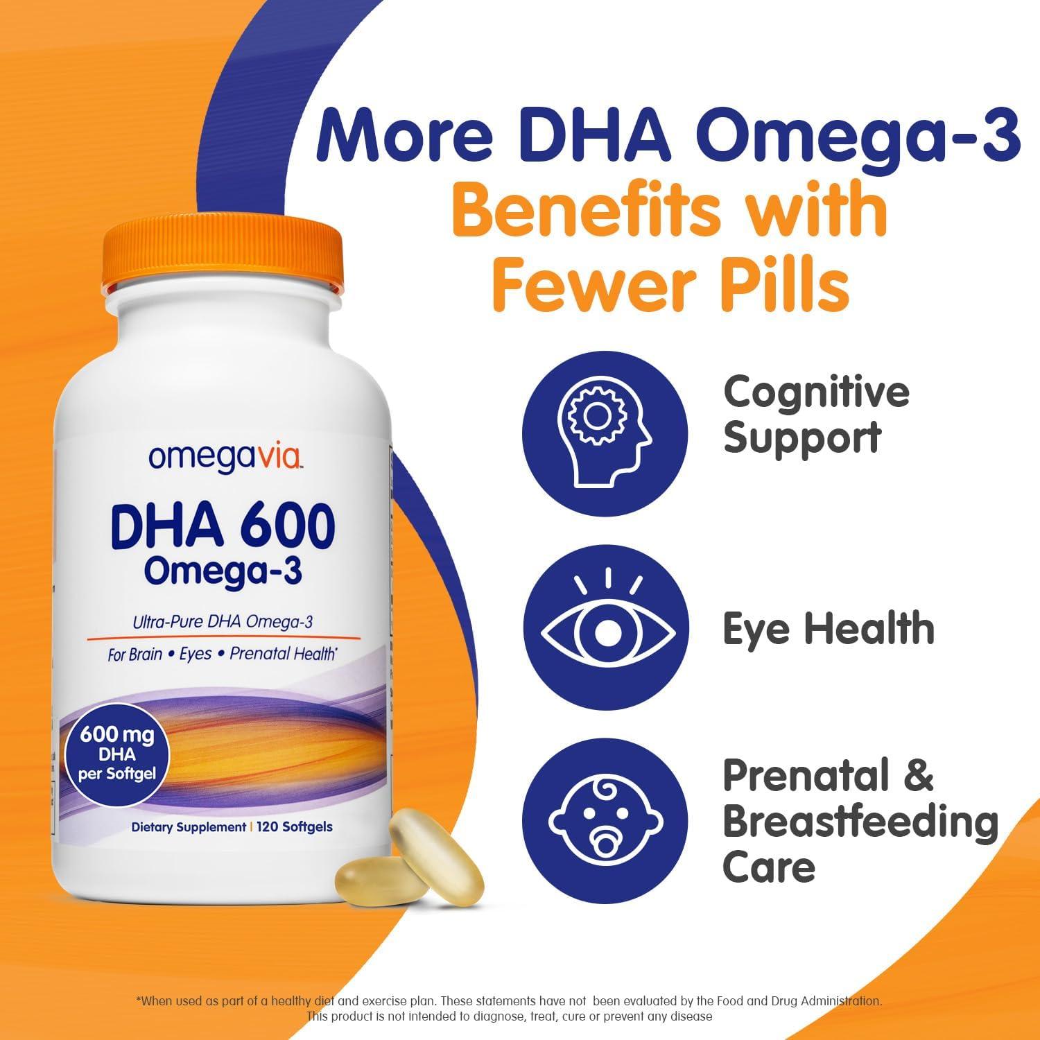 OmegaVia DHA 600 mg Omega-3 Ultra Puro para Cerebro y Ojos