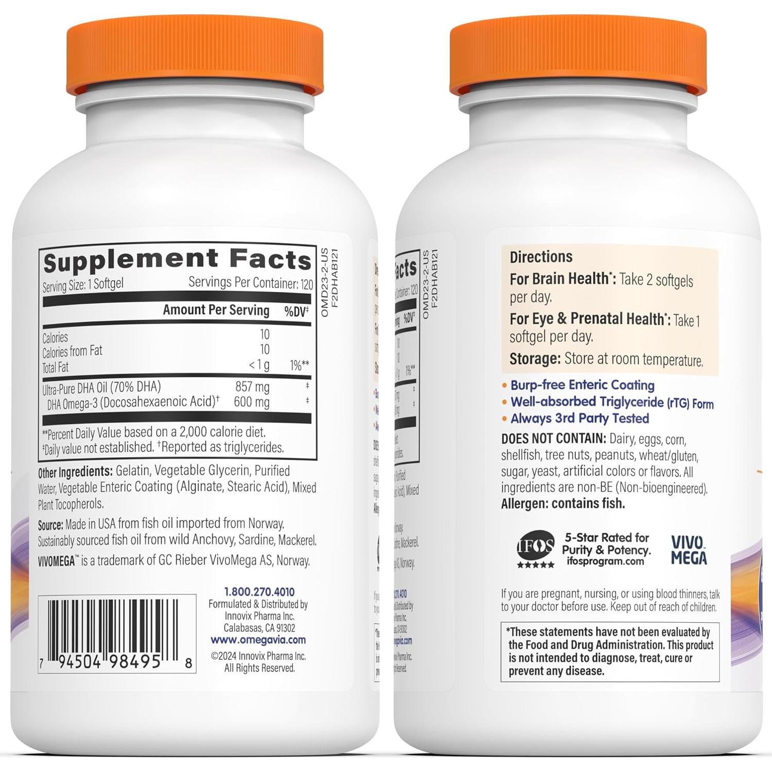 OmegaVia DHA 600 mg Omega-3 Ultra Puro para Cerebro y Ojos