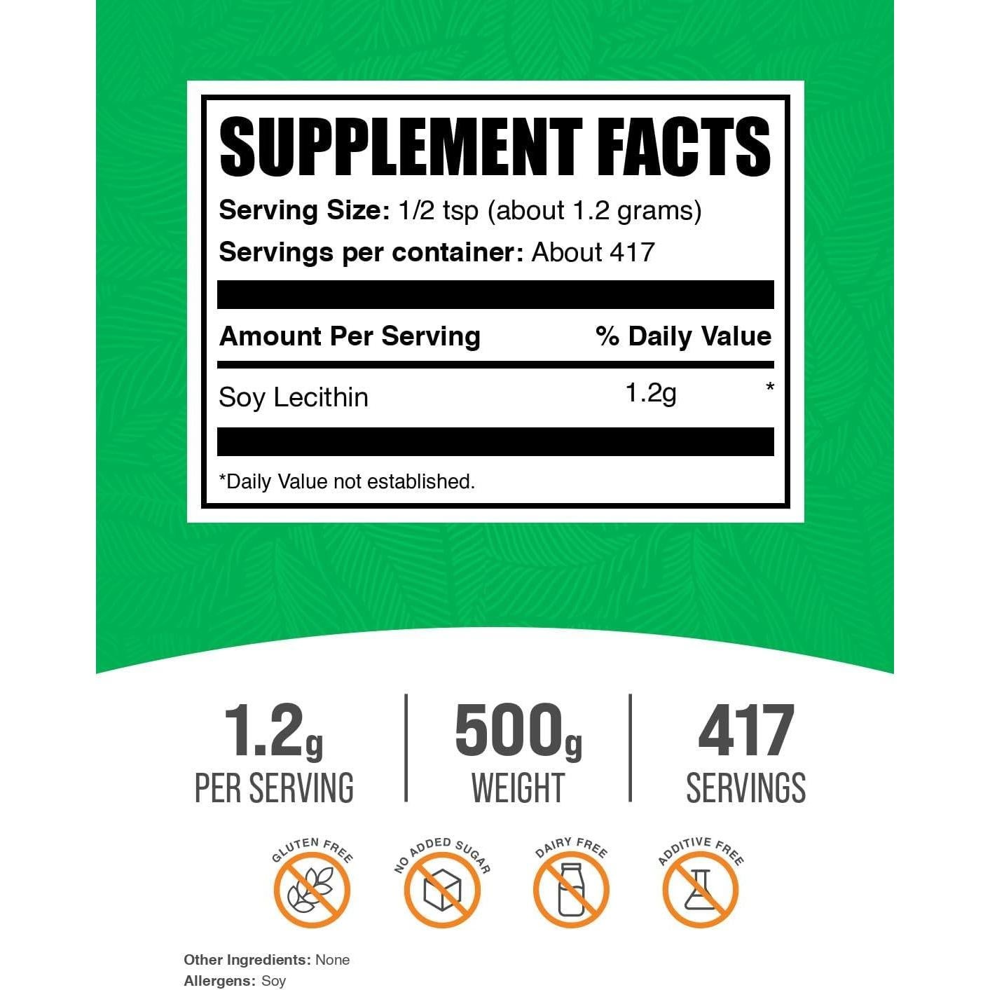 Polvo de Lecitina de Soja BulkSupplements 500g - Suplemento Nutricional