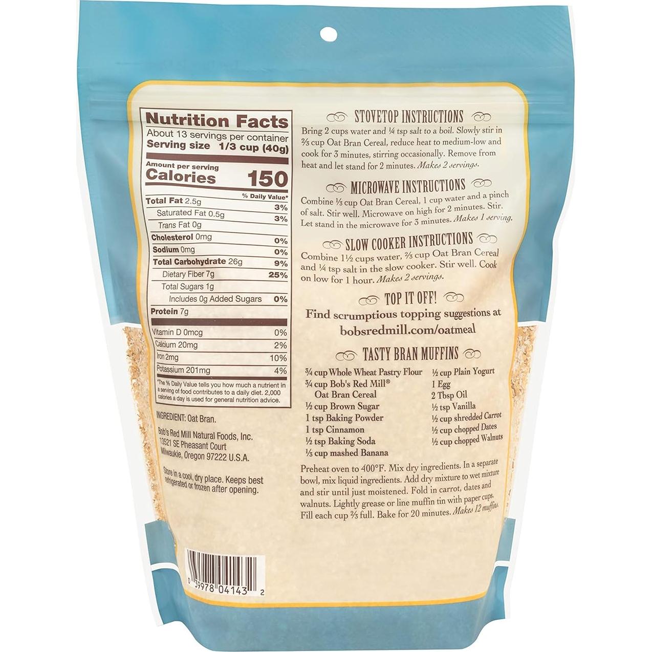 Harina de Salvado de Avena Bob's Red Mill 510g - Vegano, Sin OGM