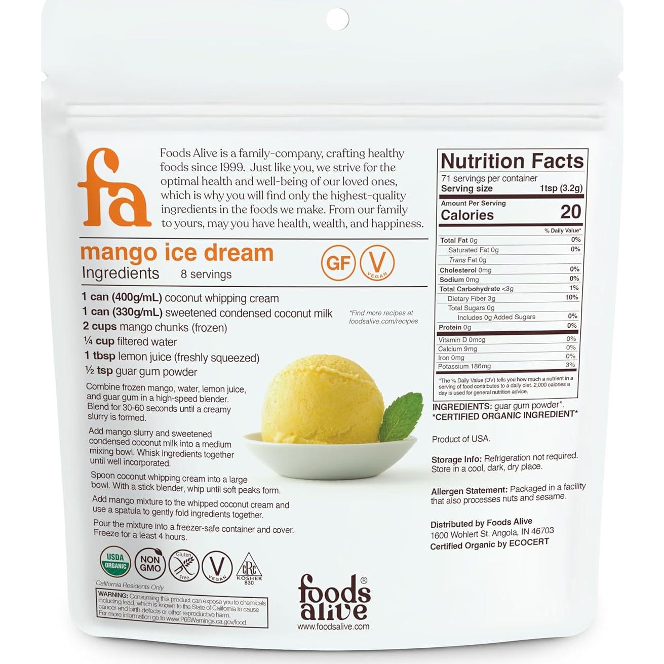 Polvo de Goma Guar Orgánica Foods Alive 226.8 g - Espesante Natural