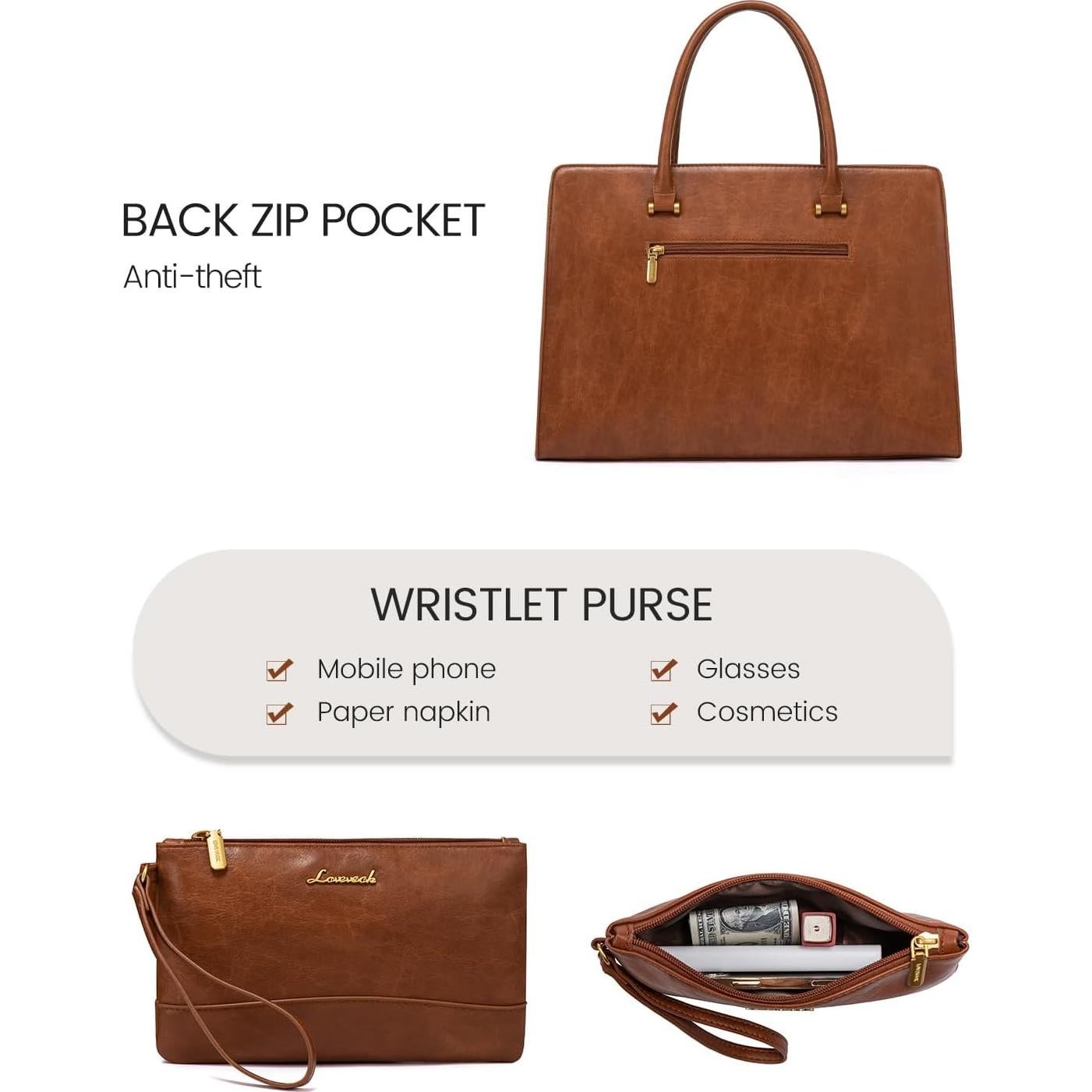 Bolsa Tote LOVEVOOK para Laptop 15.6" Cuero Marrón