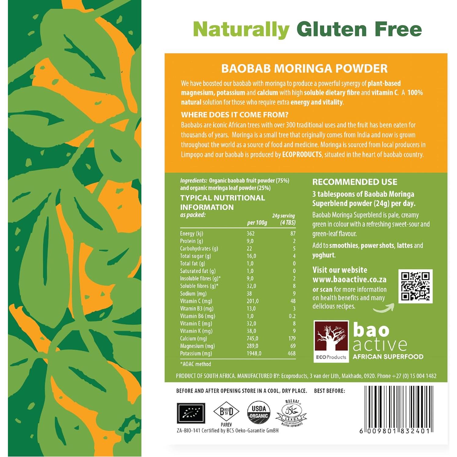 Cápsulas de Polvo de Baobab y Moringa Orgánico 100% - Baoactive