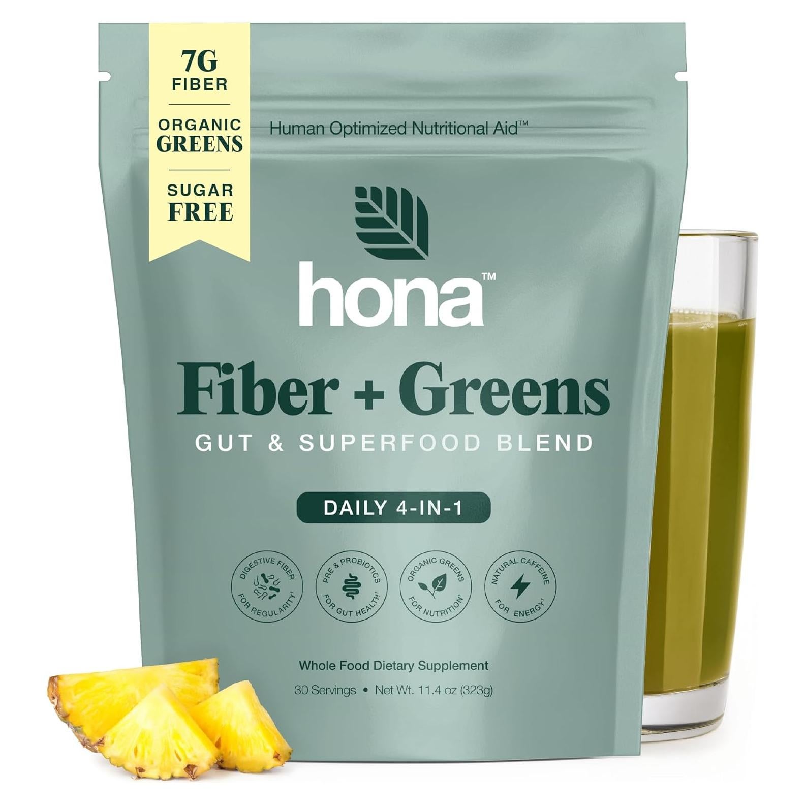 Hona Fiber + Greens - Polvo de Superalimento Verde, 30 Porciones