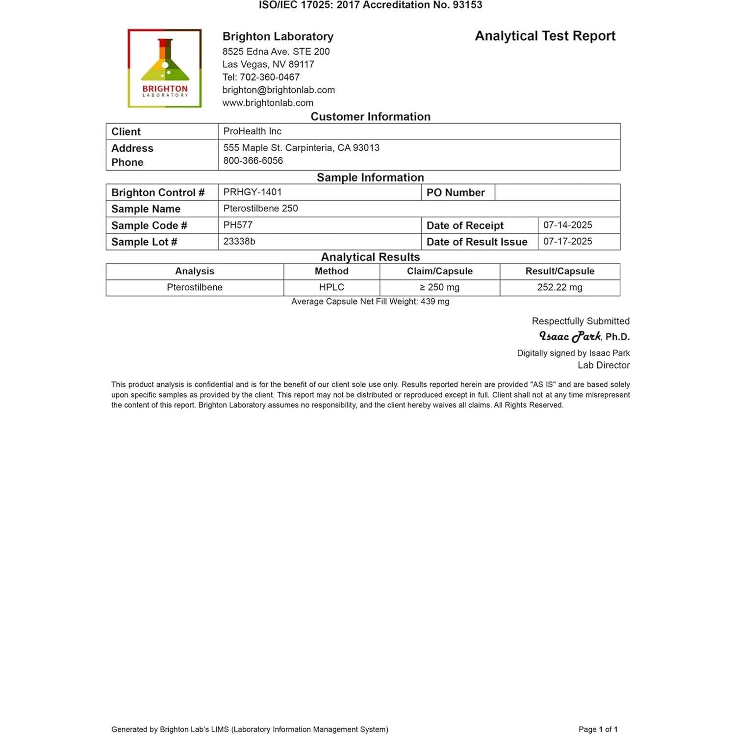 Suplemento de Pterostilbeno ProHealth 250mg 60 Cápsulas Antioxidante