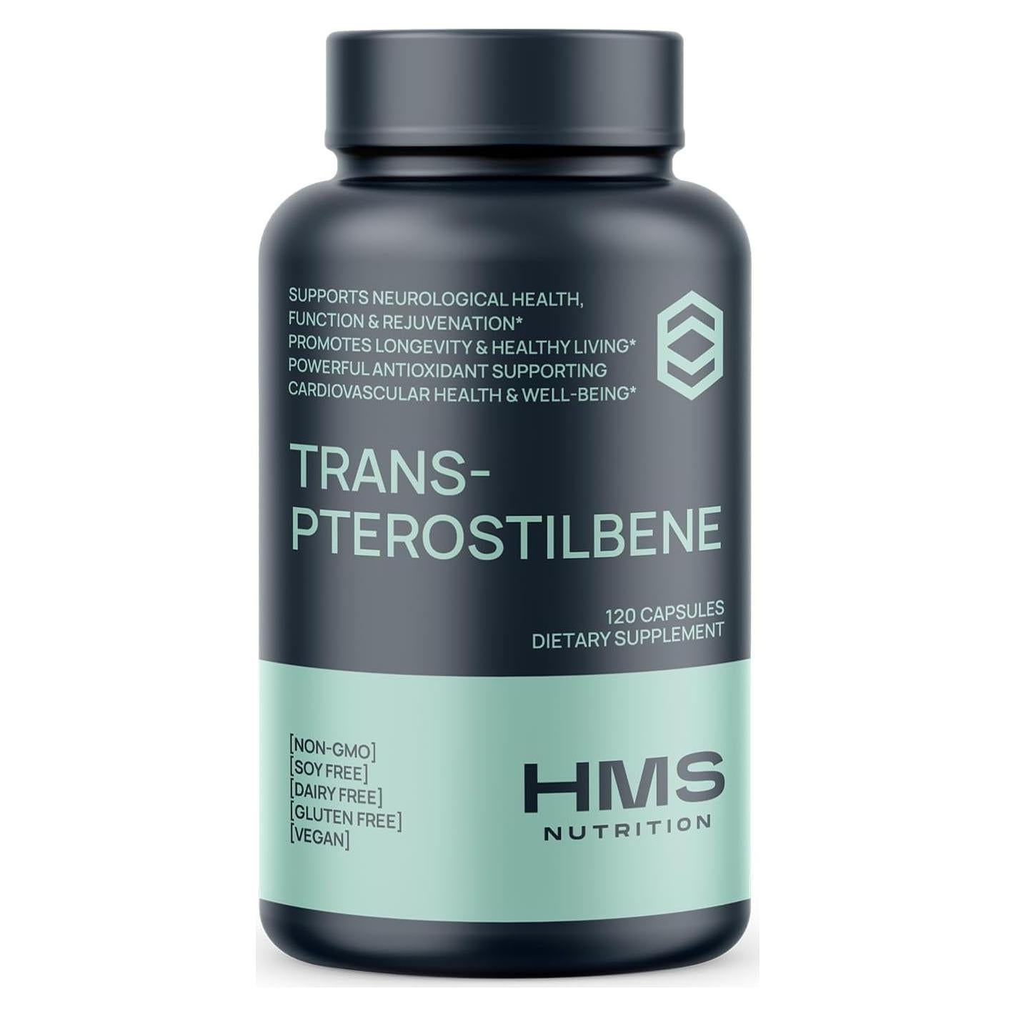 Suplemento Antioxidante Trans-Pterostilbeno HMS 200mg 120 Cápsulas Veganas