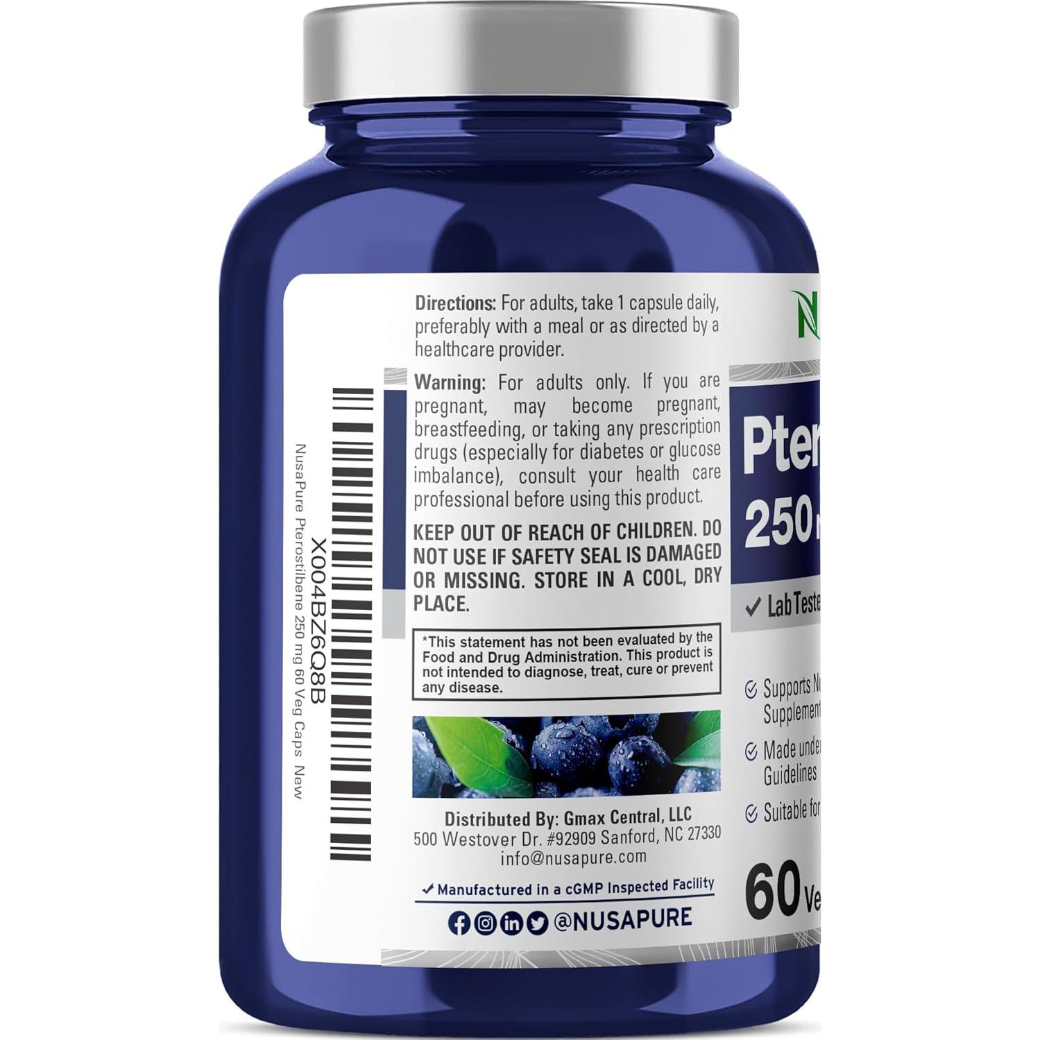 Suplemento Pterostilbene NusaPure 250mg - 60 Cápsulas Veganas
