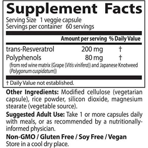 Suplemento de Resveratrol 200mg Doctors Best 60 Cápsulas Veganas