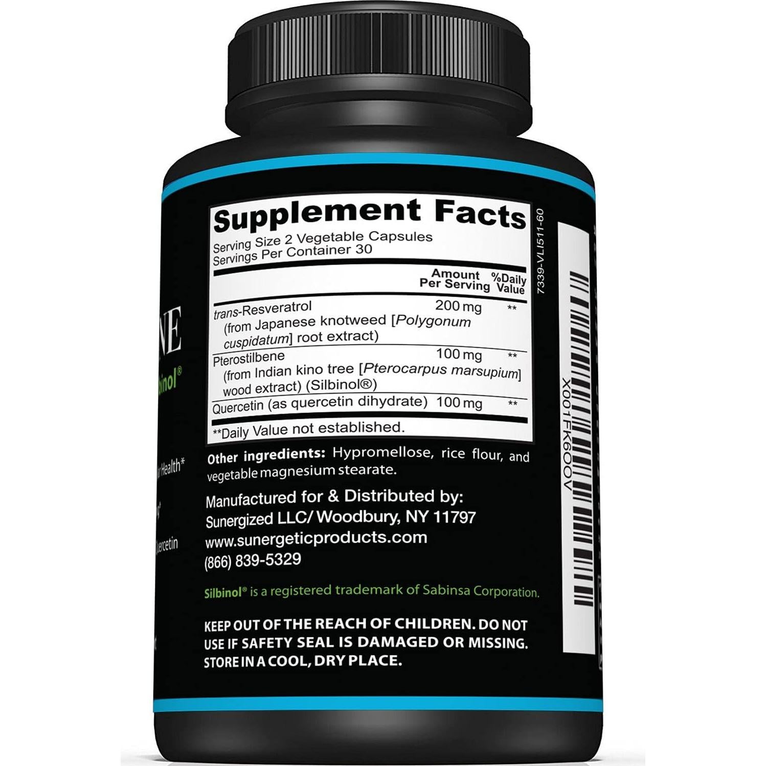 Suplemento Pterostilbeno Sunergetic 100mg con Resveratrol y Quercetina - 60 Cápsulas