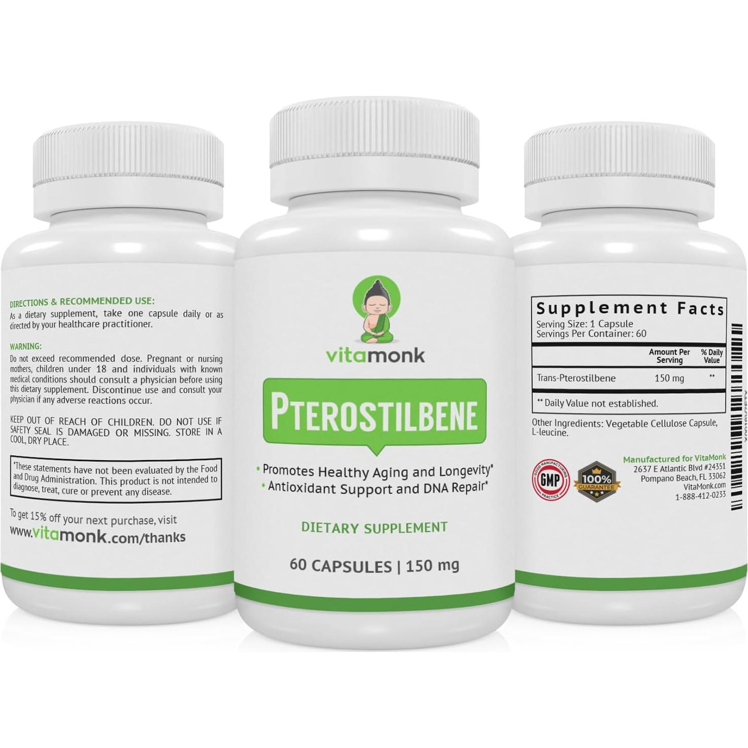 Suplemento Pterostilbene 150mg VitaMonk - 60 Cápsulas Vegetales