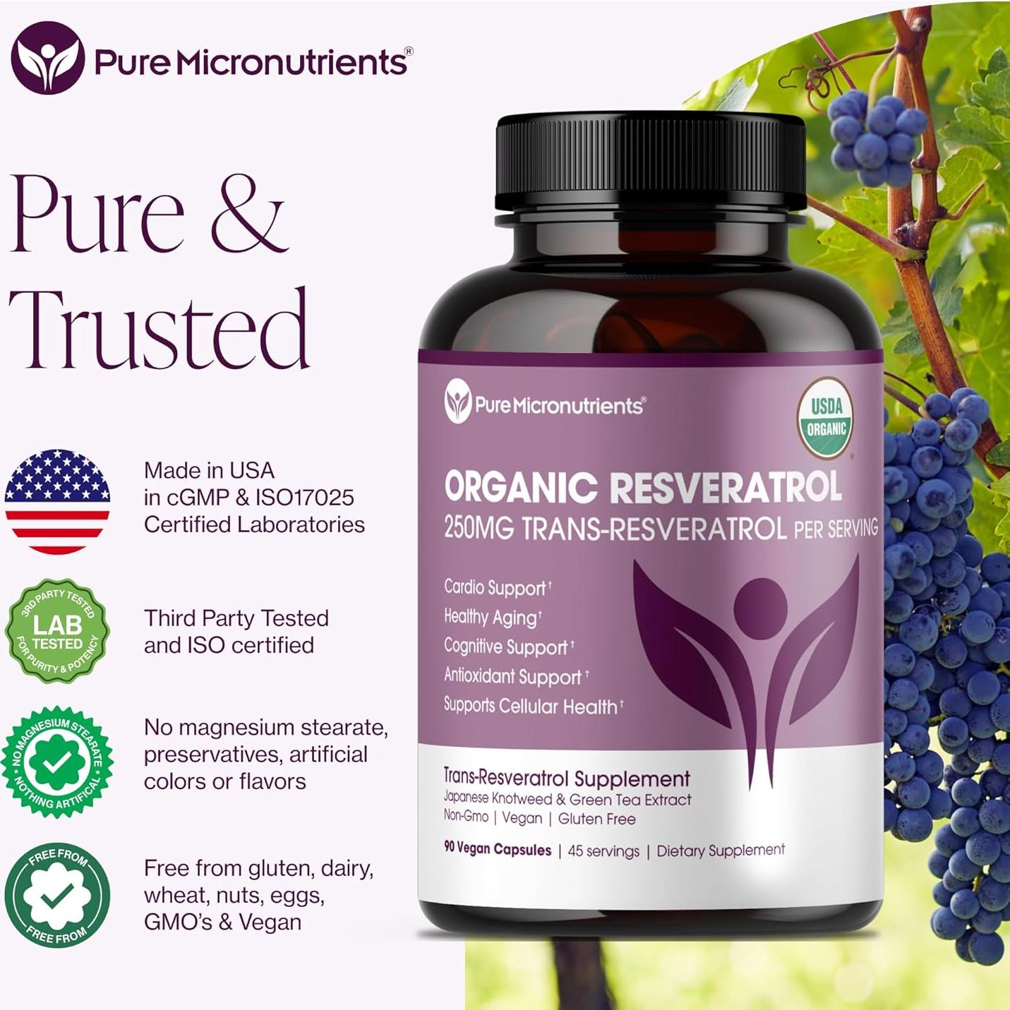 Suplemento de Resveratrol Orgánico Pure Micronutrients - 90 Cápsulas Veganas