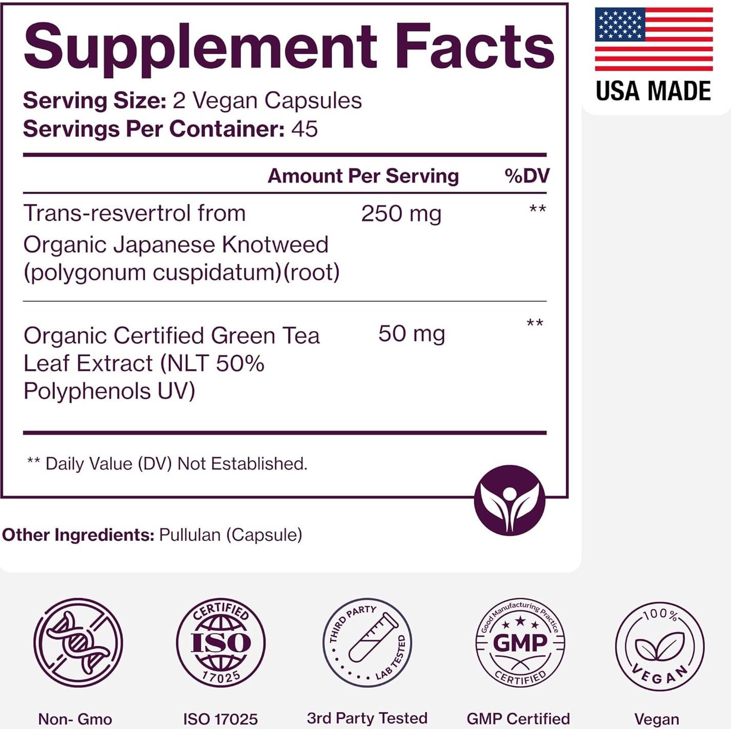 Suplemento de Resveratrol Orgánico Pure Micronutrients - 90 Cápsulas Veganas