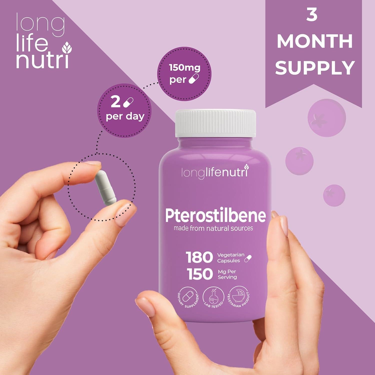 Suplemento Pterostilbeno 150mg LongLifeNutri 180 Cápsulas Veganas