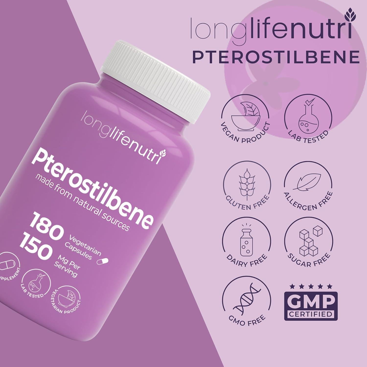 Suplemento Pterostilbeno 150mg LongLifeNutri 180 Cápsulas Veganas