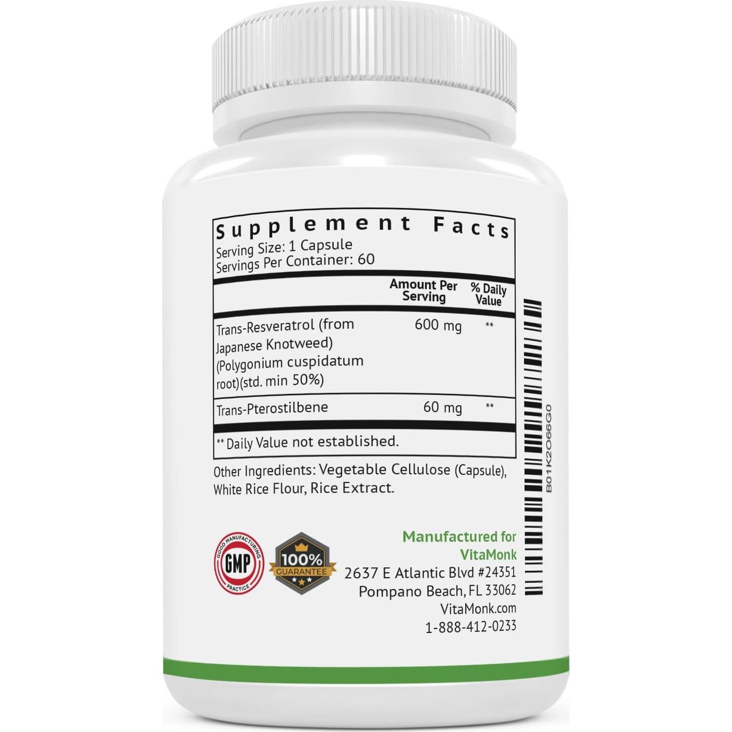 Suplemento VitaMonk Resveratrol y Pterostilbene 600mg - 60 Cápsulas