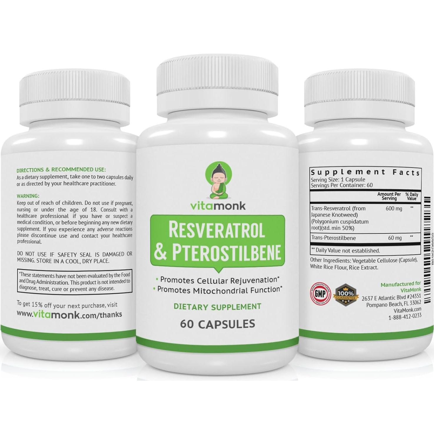 Suplemento VitaMonk Resveratrol y Pterostilbene 600mg - 60 Cápsulas
