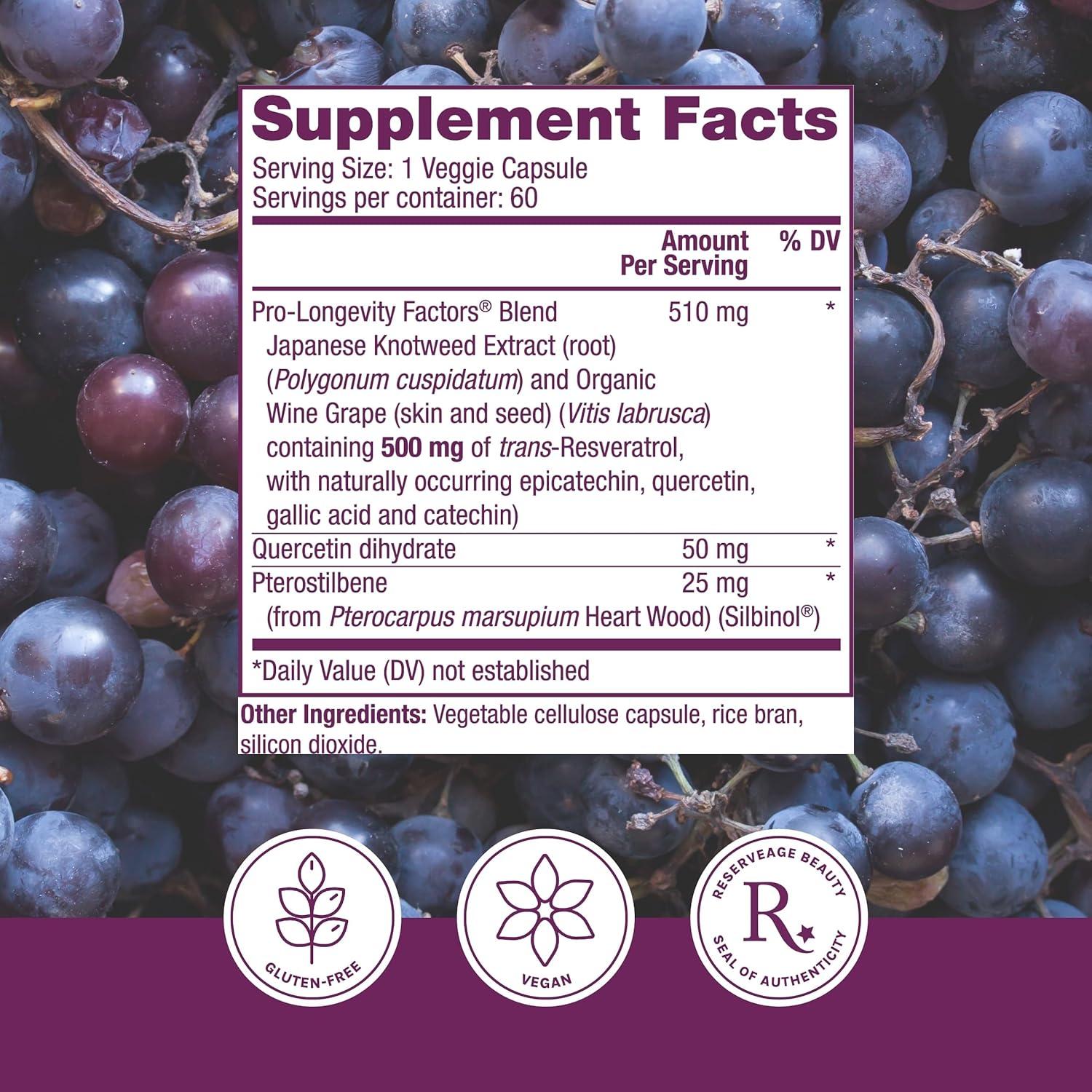 Suplemento Antioxidante Reserveage Resveratrol 500 mg 60 Cápsulas