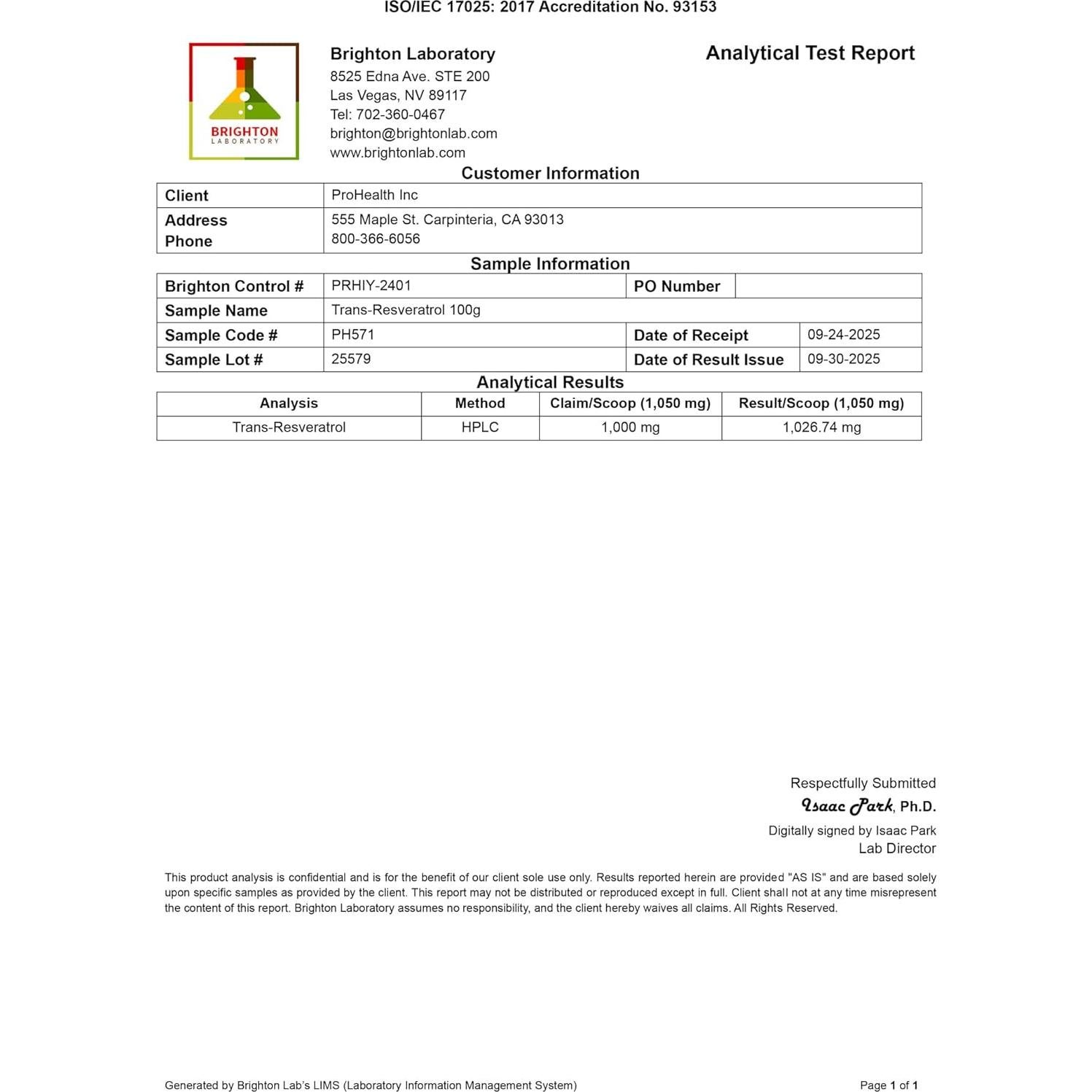 Polvo de Trans-Resveratrol ProHealth 100g - Grado Farmacéutico