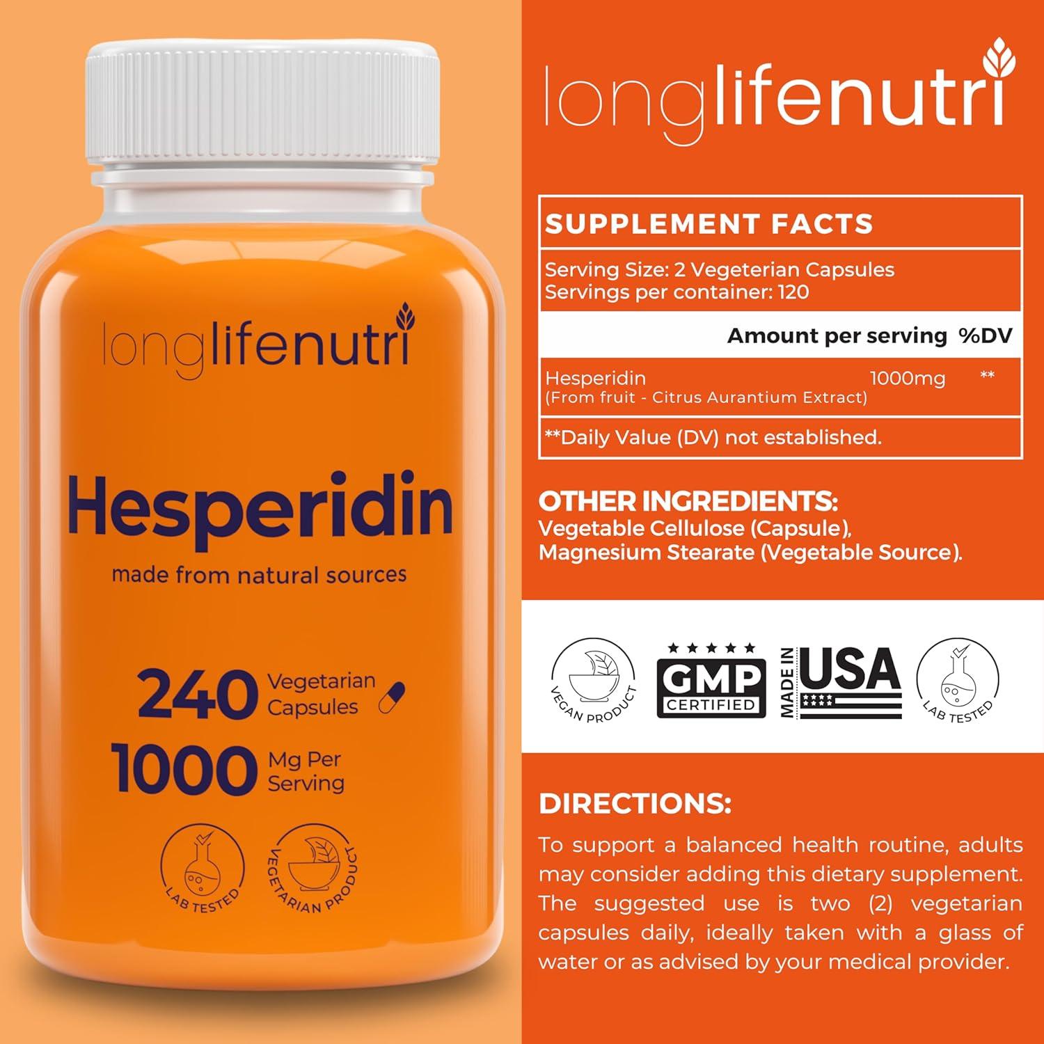Hesperidina 1000mg LongLifeNutri 240 Cápsulas Antioxidante
