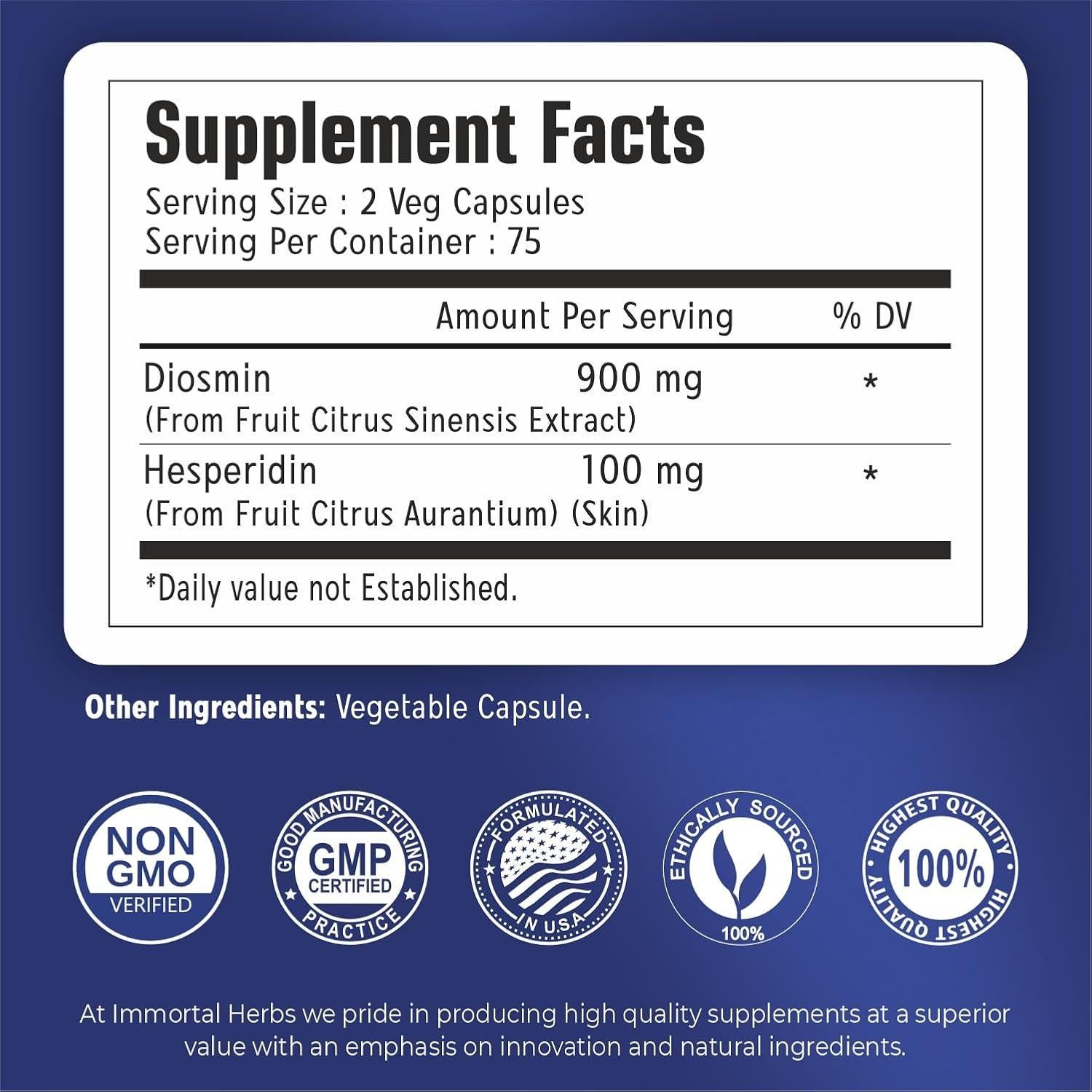 Complejo Diosmina Hesperidina 1000mg Immortal Herbs 150 Cápsulas Veganas