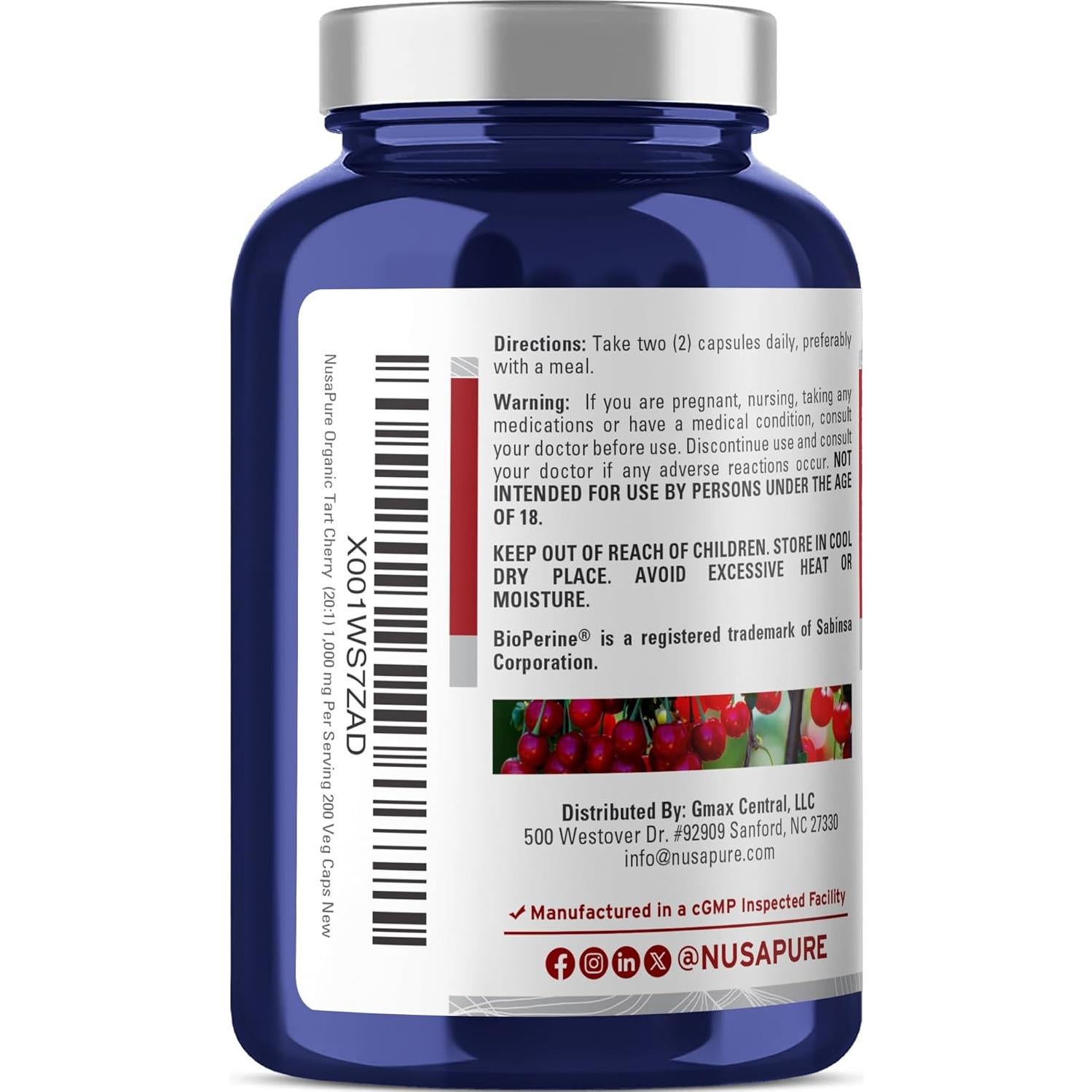 Extracto de Cereza Ácida Orgánica NusaPure 20:1 200 Cápsulas