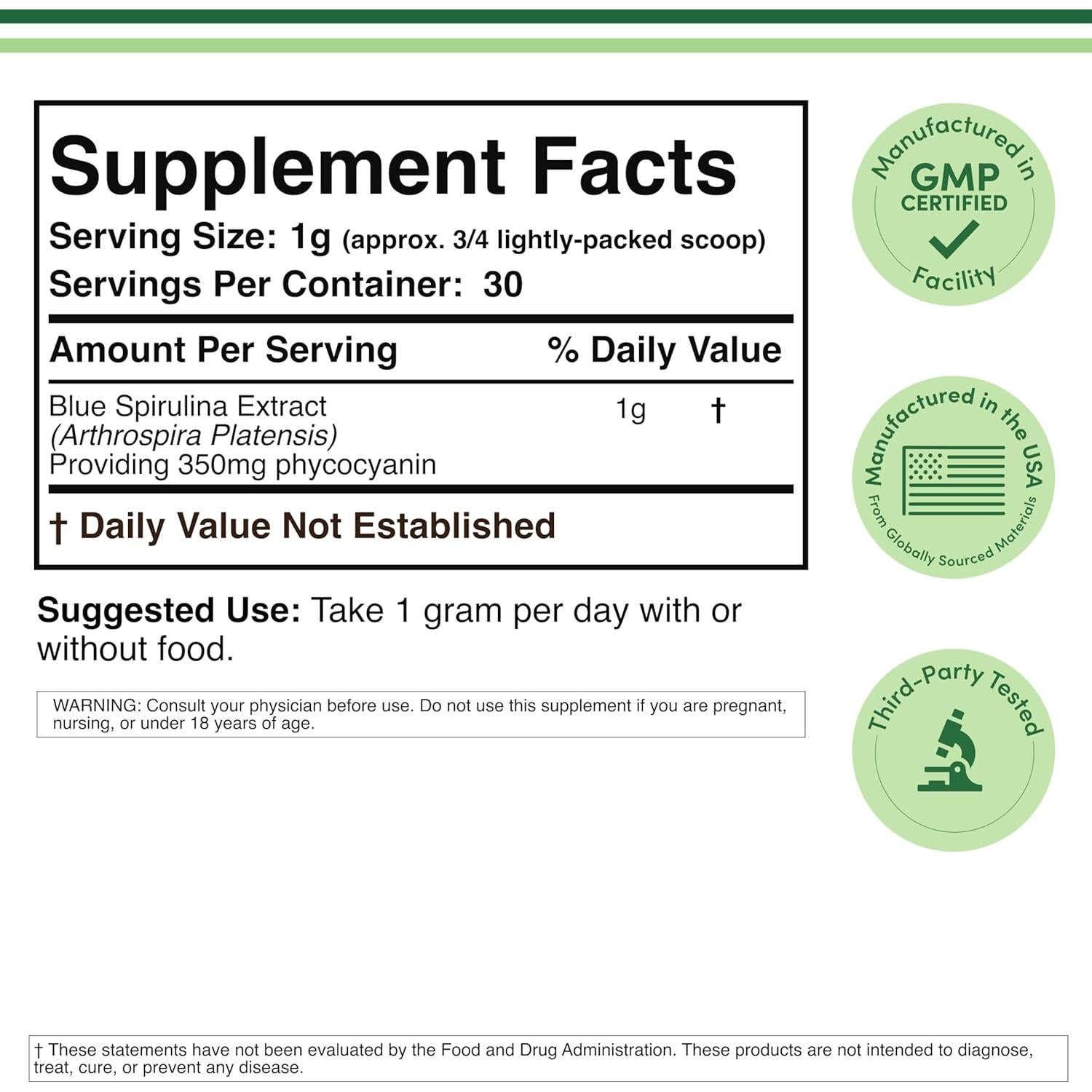 Polvo de Espirulina Azul Double Wood 30g - 35% Ficocianina