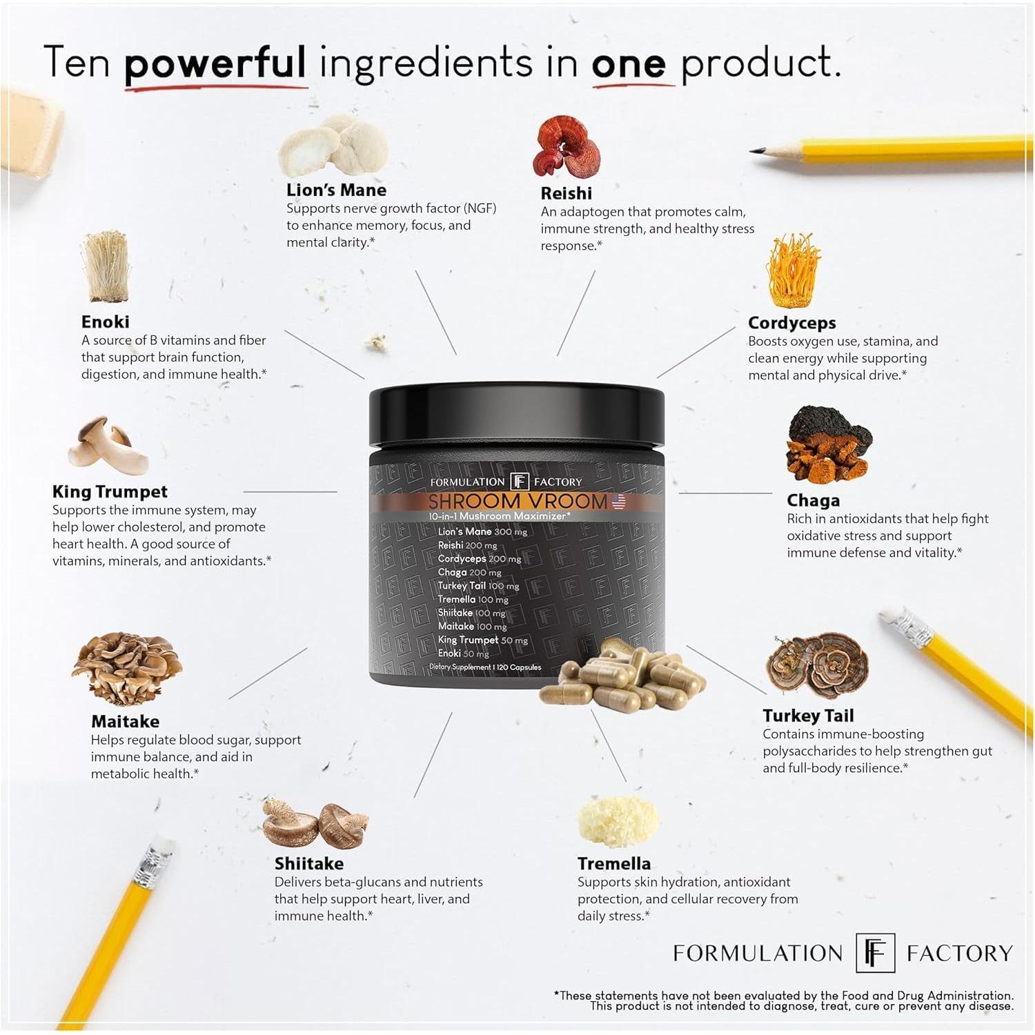 Suplemento de Champiñones 10-en-1 Shroom Vroom 360 Cápsulas