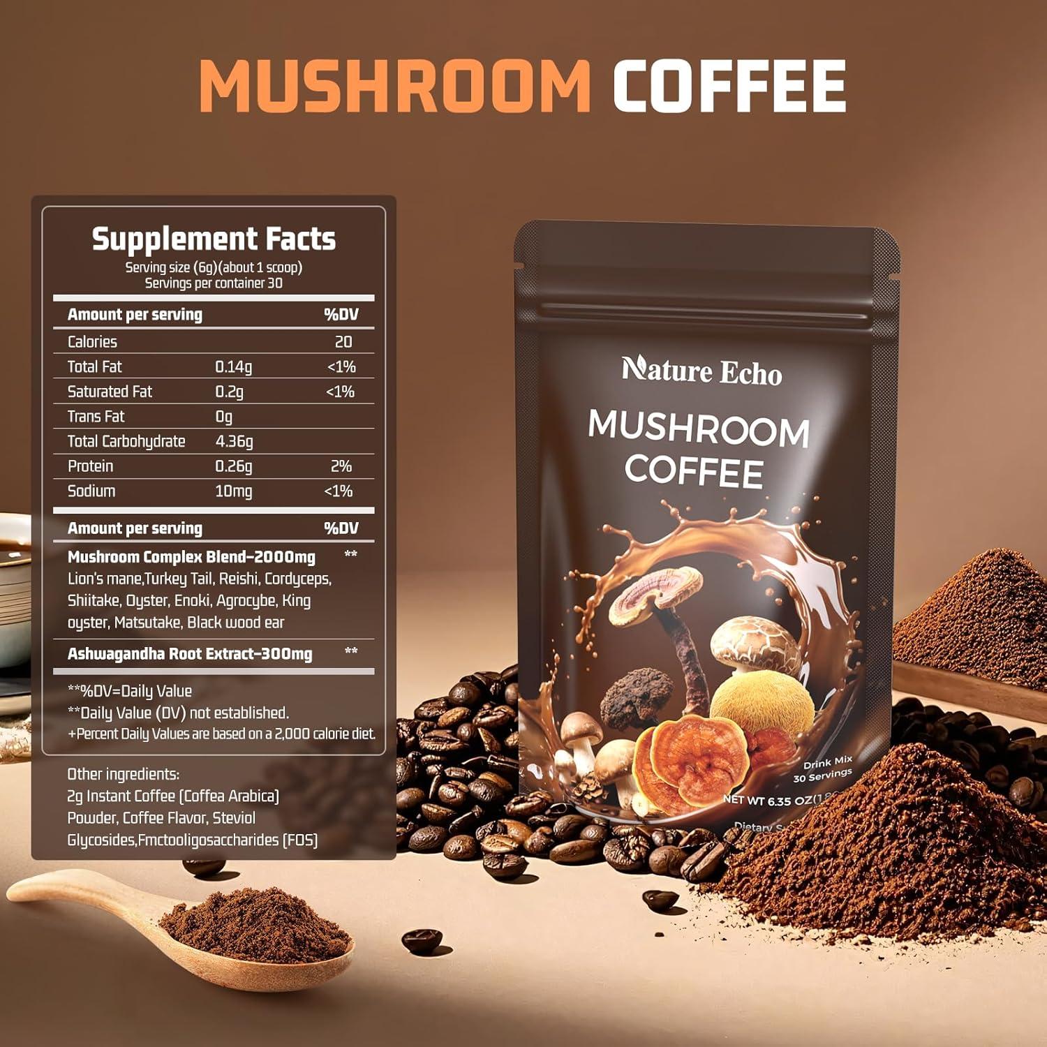 Café de Hongo Instantáneo Nature Echo 180g - 11 Hongos + Ashwagandha