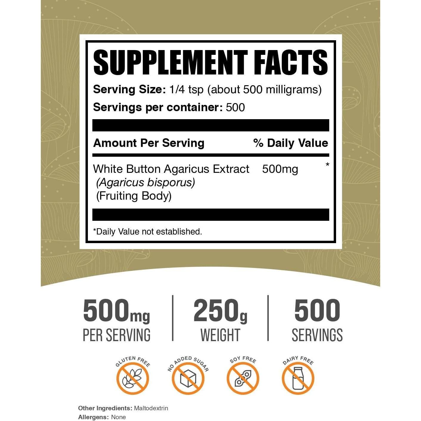 Polvo de Extracto de Champiñón Blanco BulkSupplements 250g