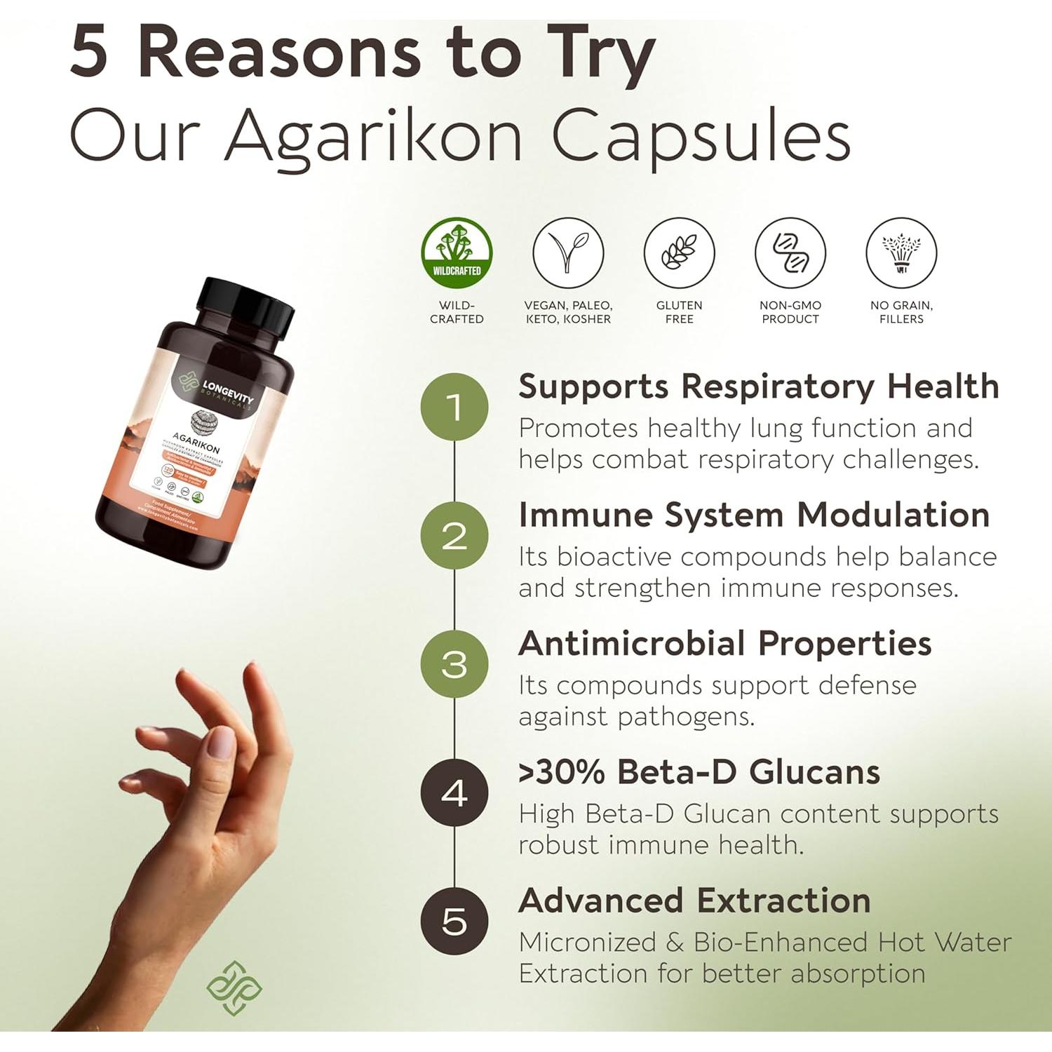 Cápsulas de Hongo Agarikon Longevity Botanicals 120 Unidades