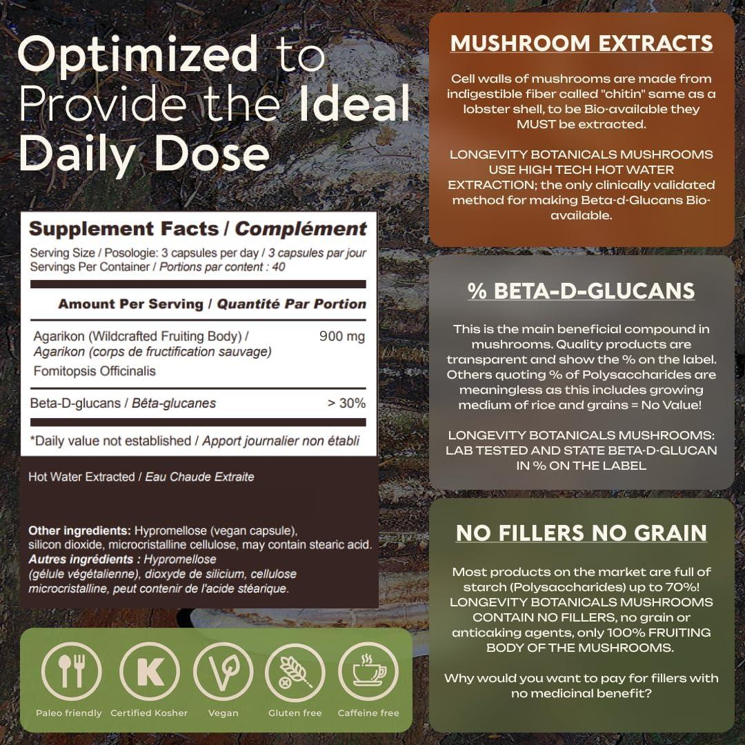 Cápsulas de Hongo Agarikon Longevity Botanicals 120 Unidades