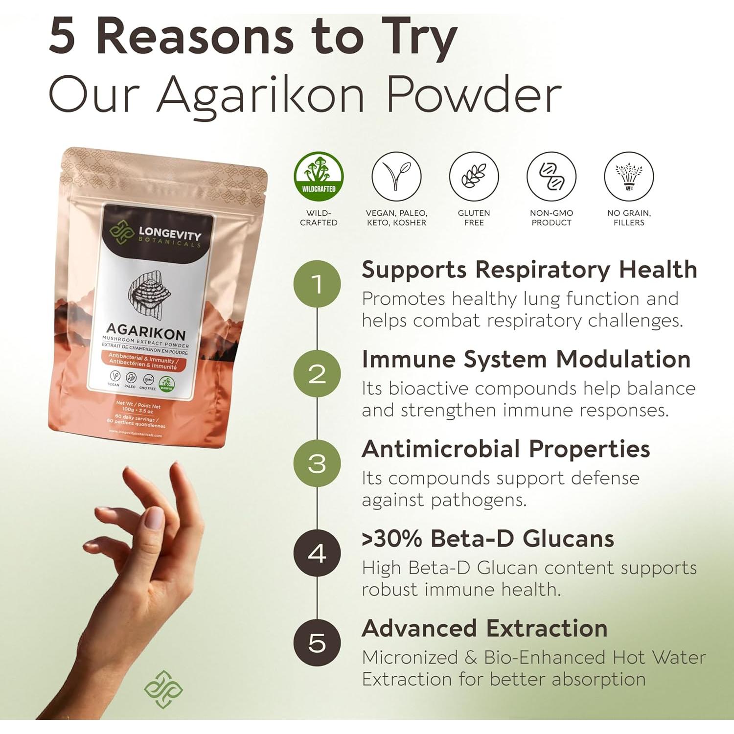 Suplemento en polvo Agarikon 100g Longevity Botanicals 10:1