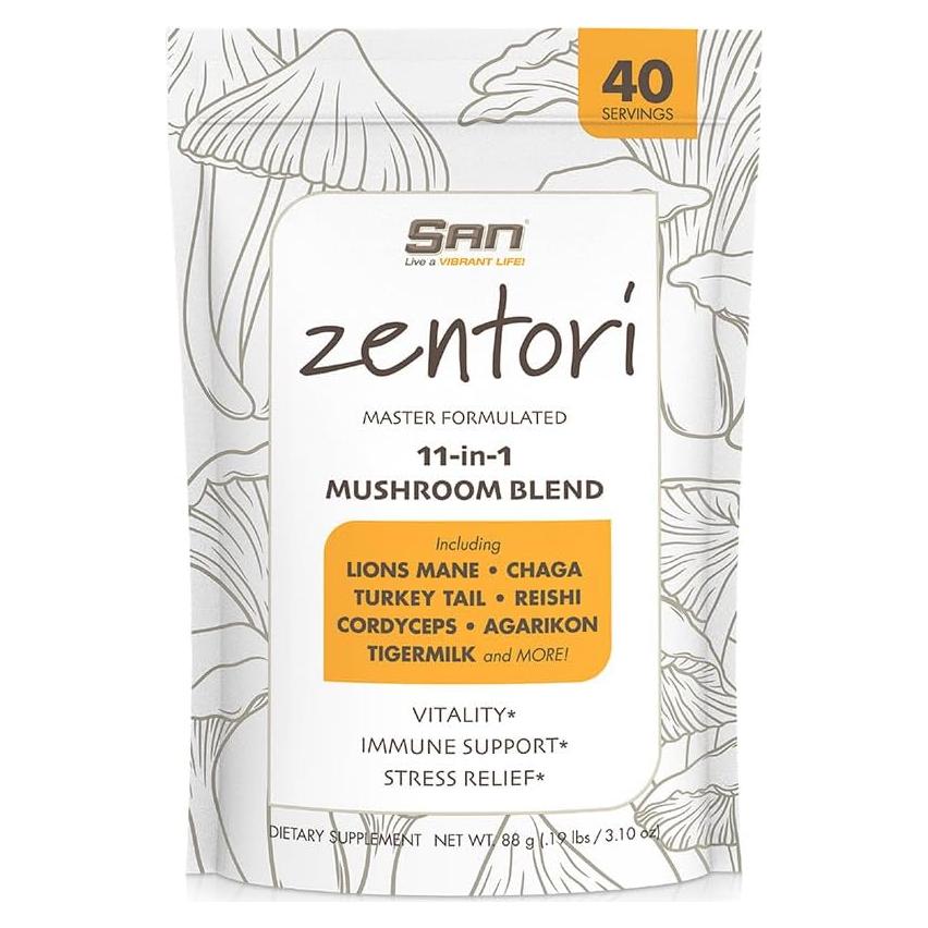 SAN ZENTORI 11-in-1 Mushroom Supplement Powder – Lions Mane, Chaga Turkey Tail, Reishi, Cordyceps, Agarikon, Tigermilk - 40 Servings
